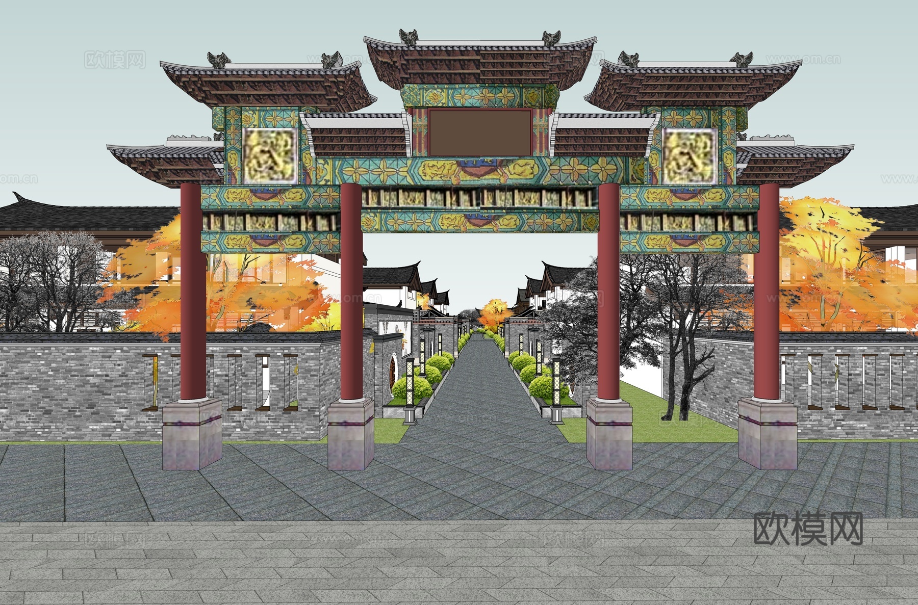 古建景区入口 仿古景区建筑su模型下载（渲染图2）
