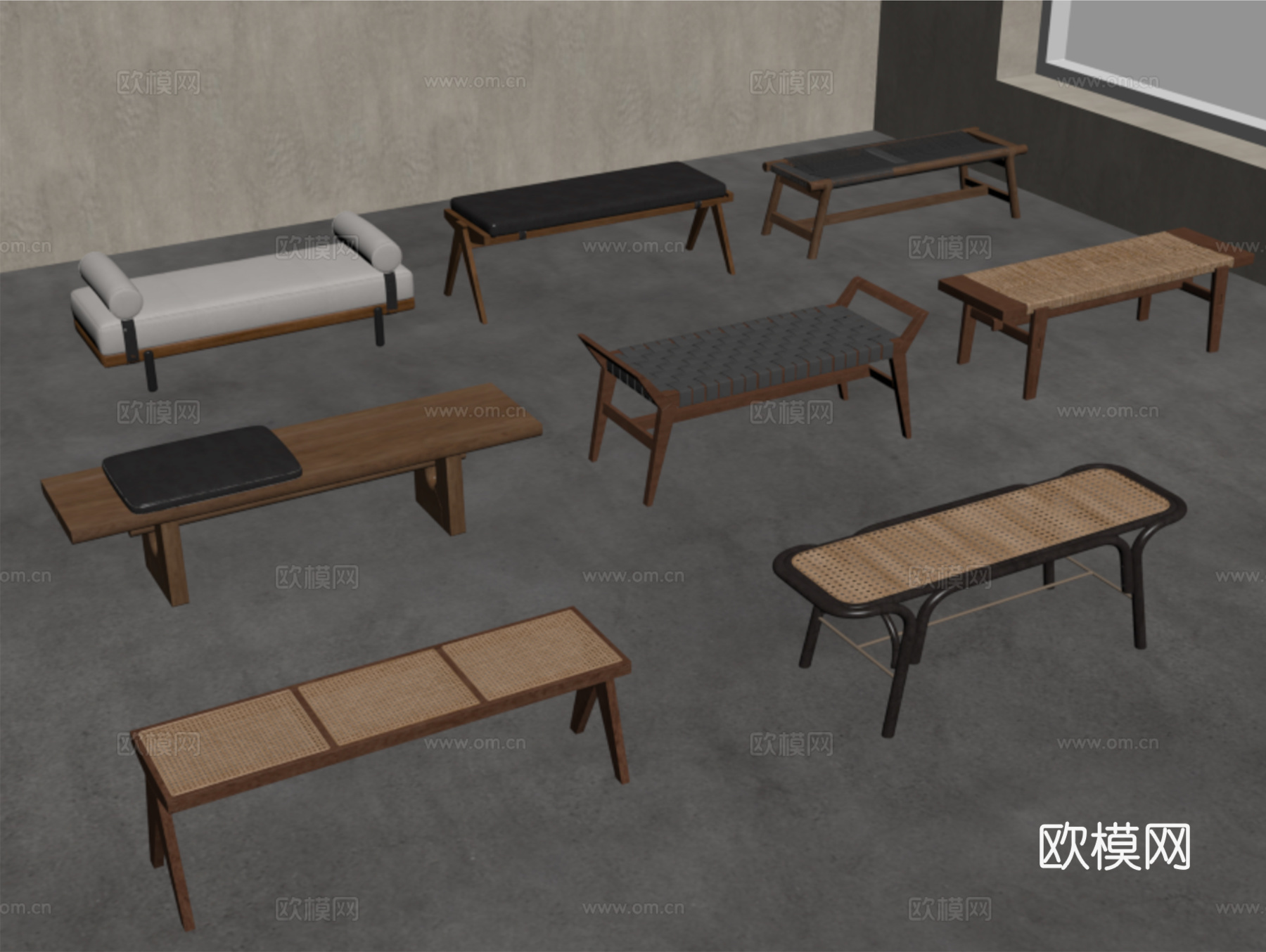 侘寂中古风长凳 编织凳 换鞋凳 床尾凳 软榻su模型