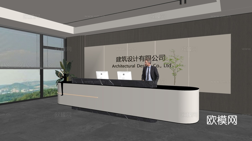 现代前台背景墙 简约背景墙 前台接待区背景墙 公司前台背景墙su模型下载(渲染图2)
