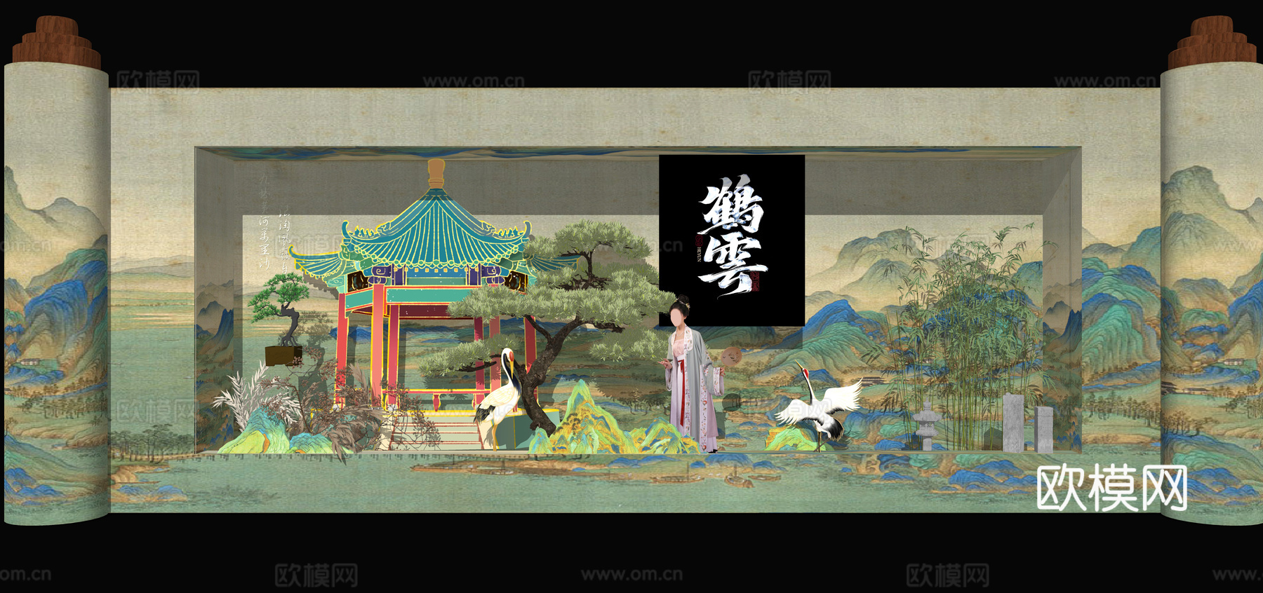 新中式美陈 山水卷轴 互动舞台 拍照打卡点 国风背景板su模型下载（渲染图2）