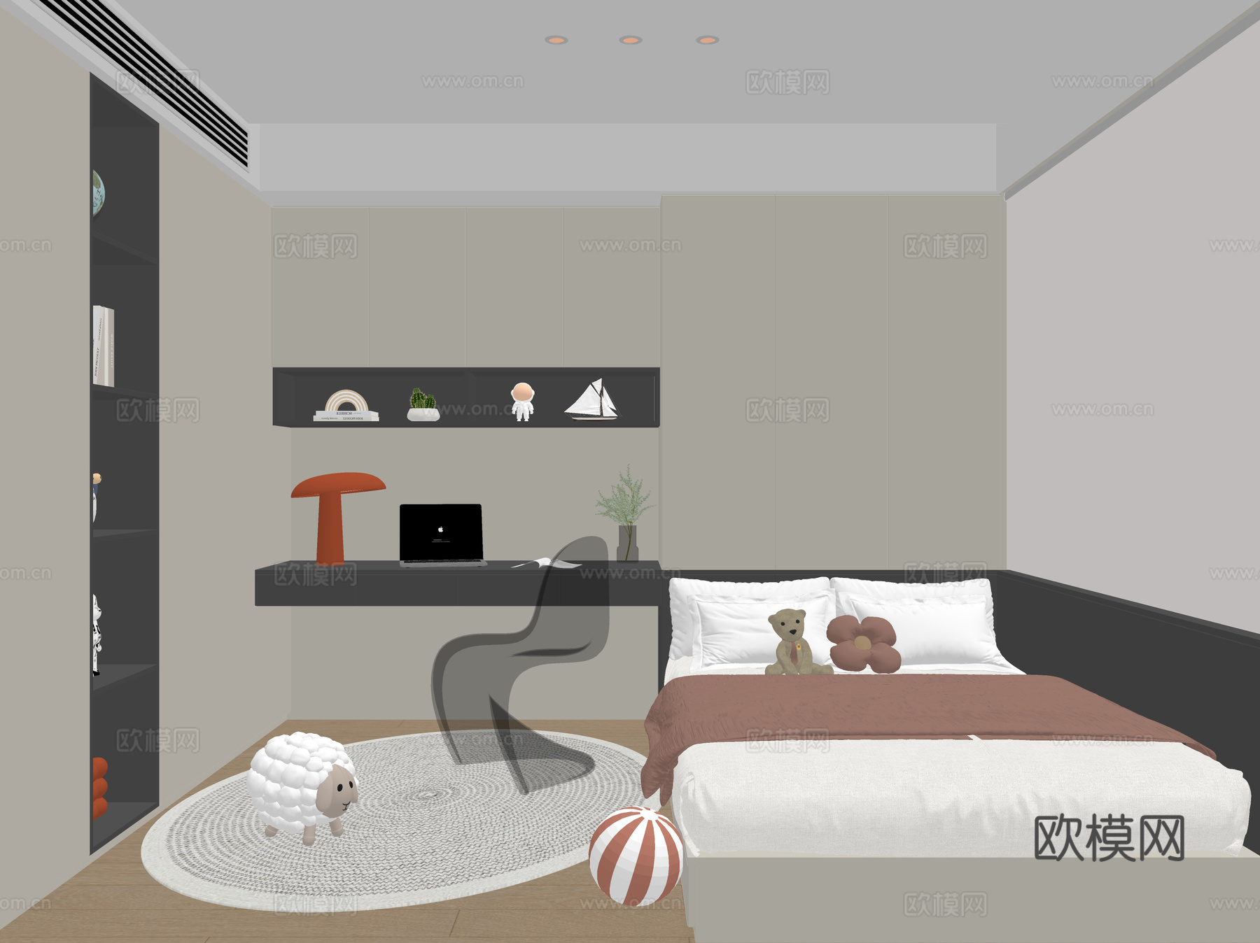 通用榻榻米卧室 书桌单椅 圆形地毯 台灯 玩具摆件su模型