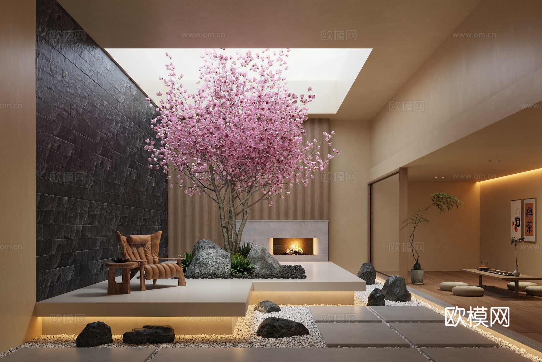 新中式天井庭院 樱花树 景观石 壁炉3d模型