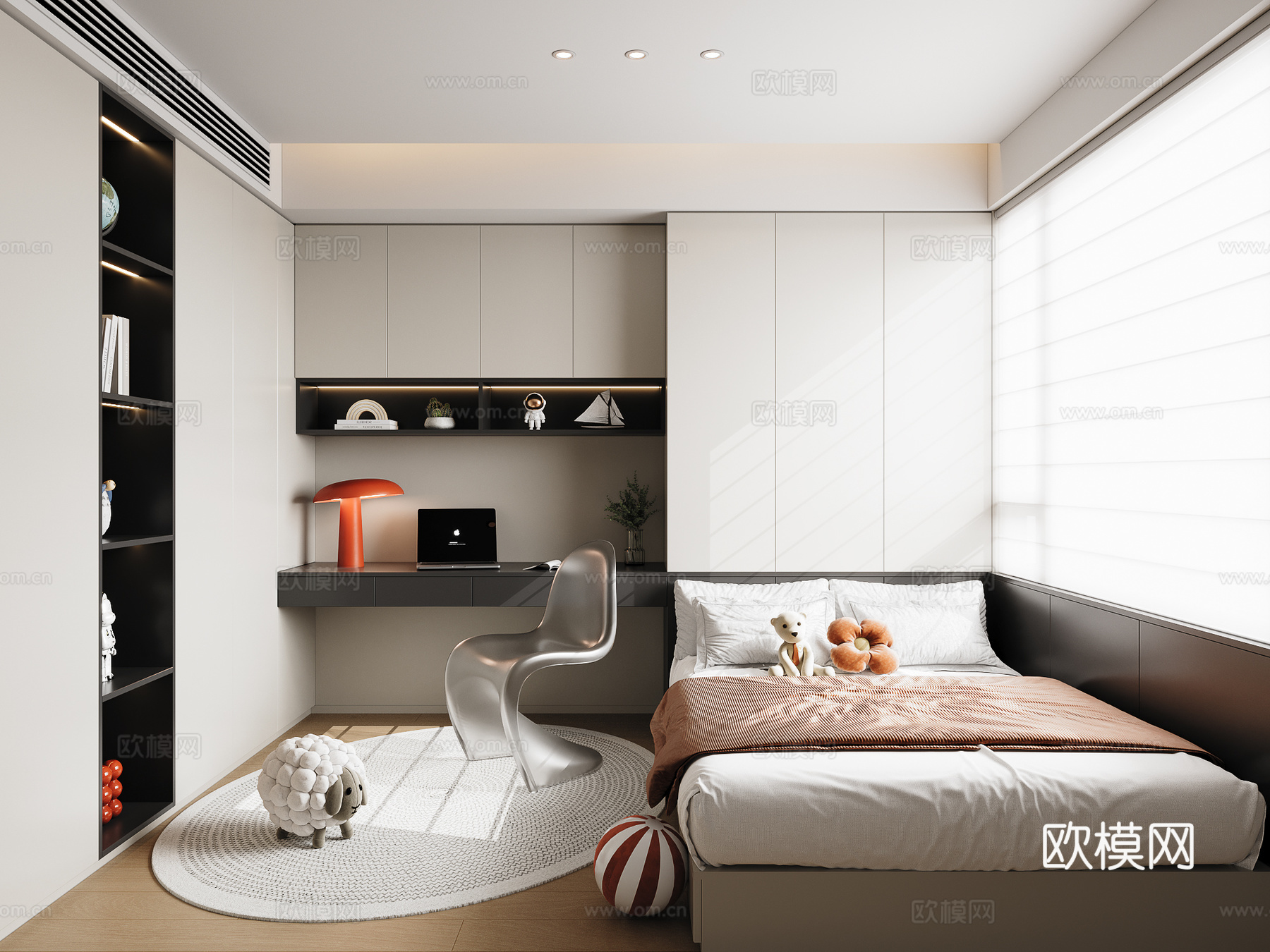 通用榻榻米卧室 书桌单椅 圆形地毯 台灯 玩具摆件su模型