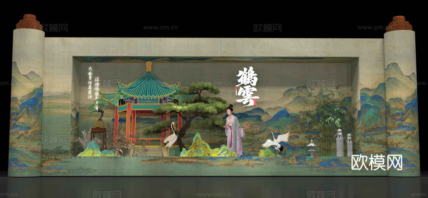 新中式美陈 山水卷轴 互动舞台 拍照打卡点 国风背景板su模型下载（渲染图1）