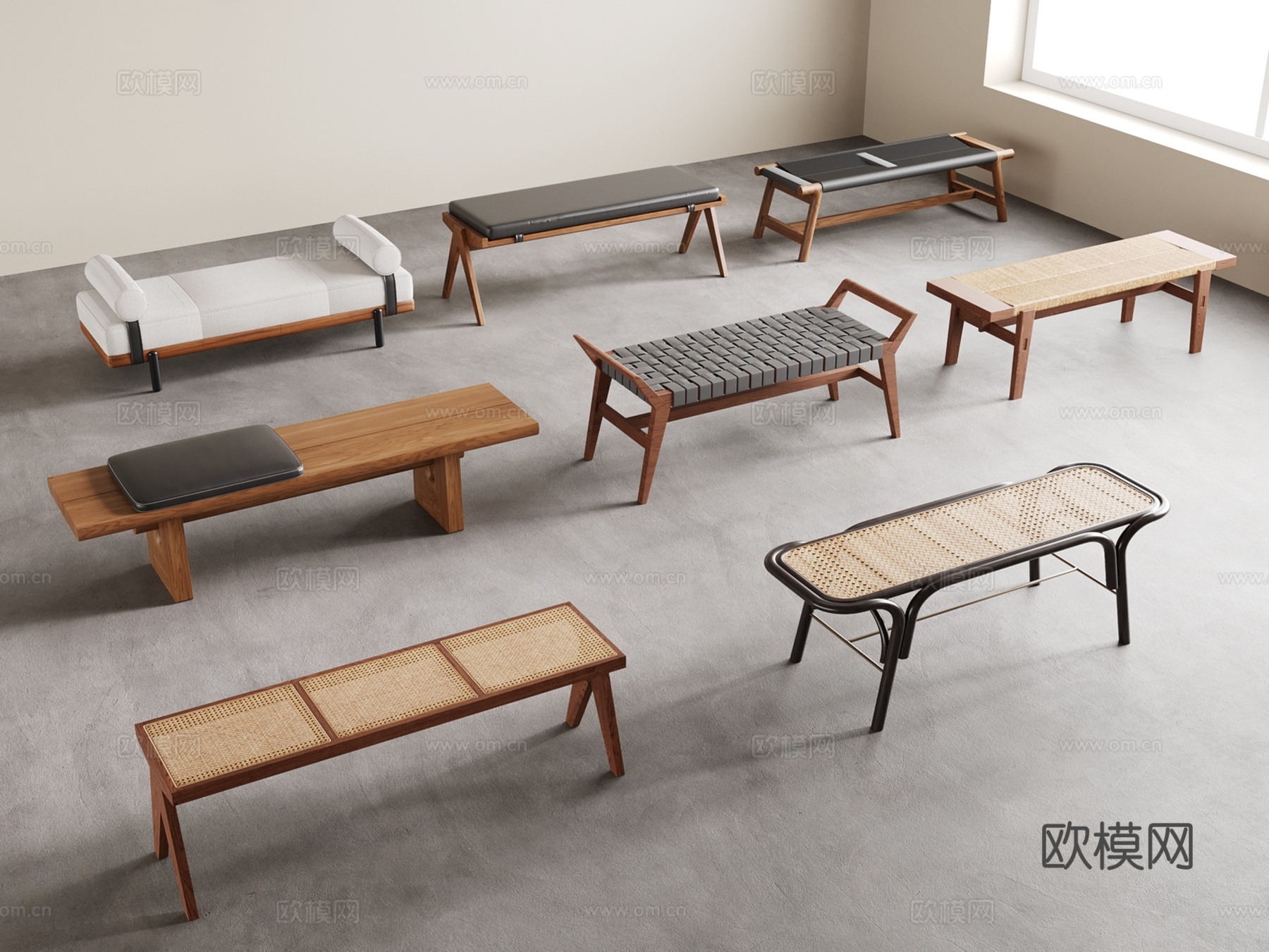 侘寂中古风长凳 编织凳 换鞋凳 床尾凳 软榻su模型