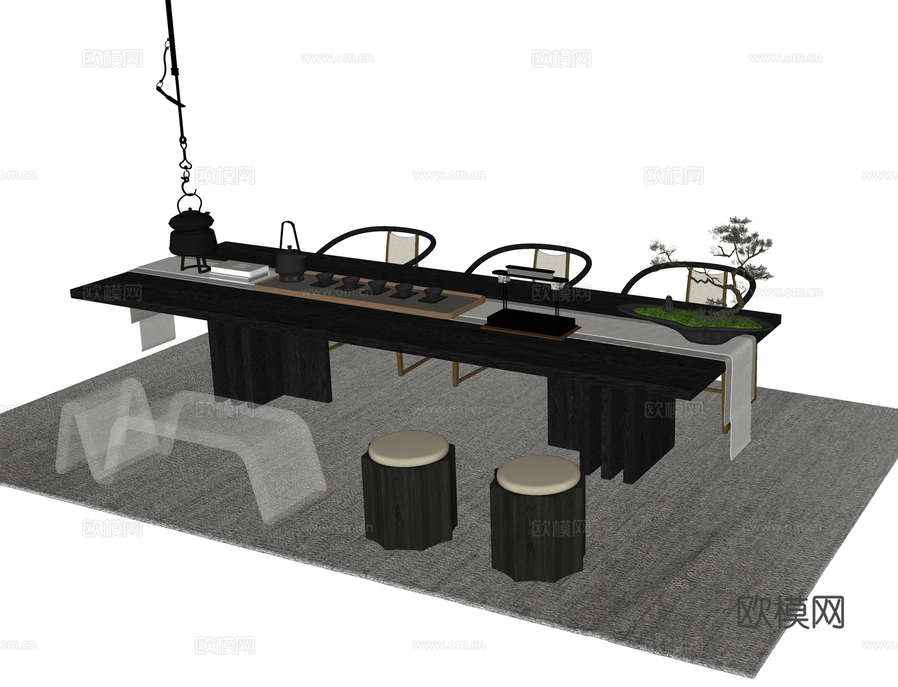 现代茶桌椅组合su模型下载（渲染图2）