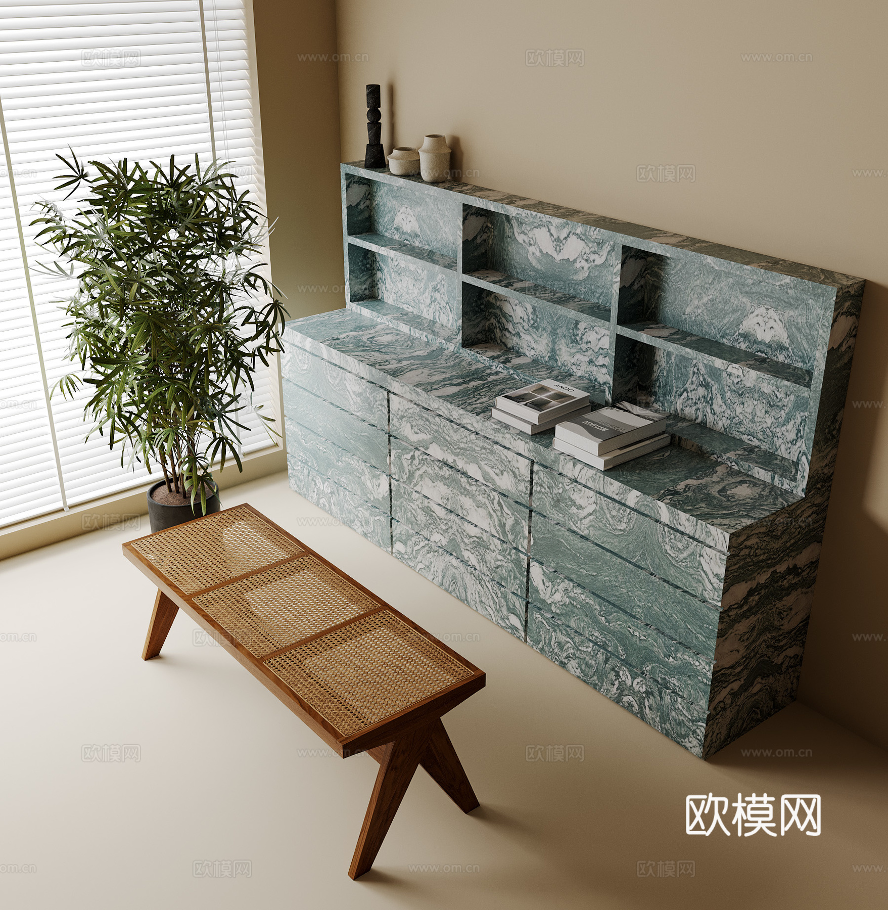 现代边柜 矮凳 绿植 摆件3d模型