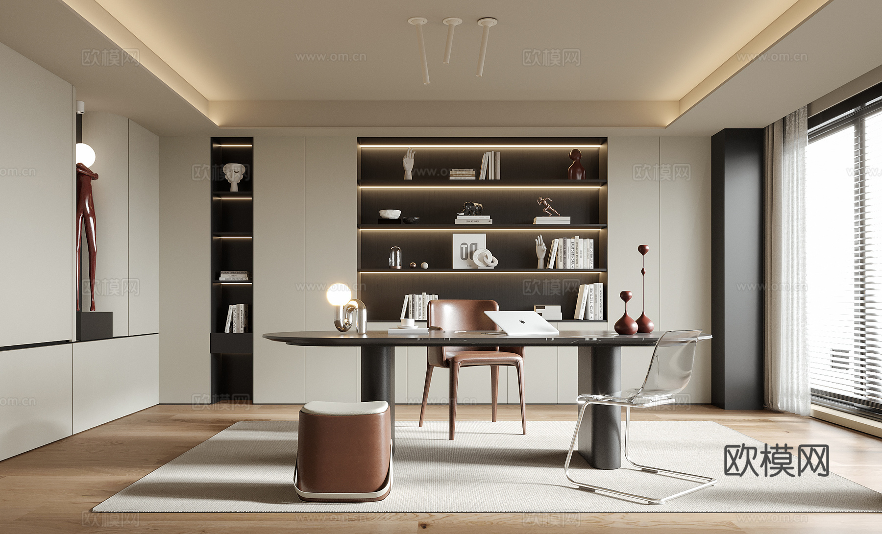 现代书房 书桌椅 凳子 书柜3d模型