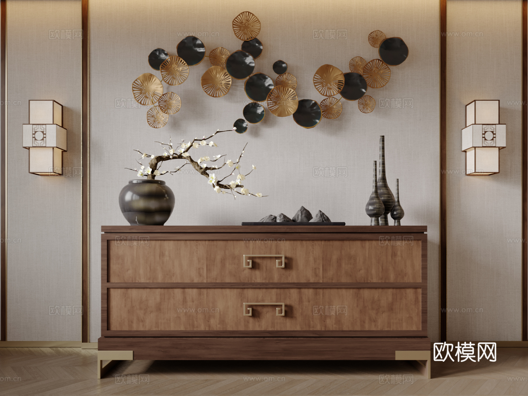 新中式玄关柜 边柜 装饰柜su模型