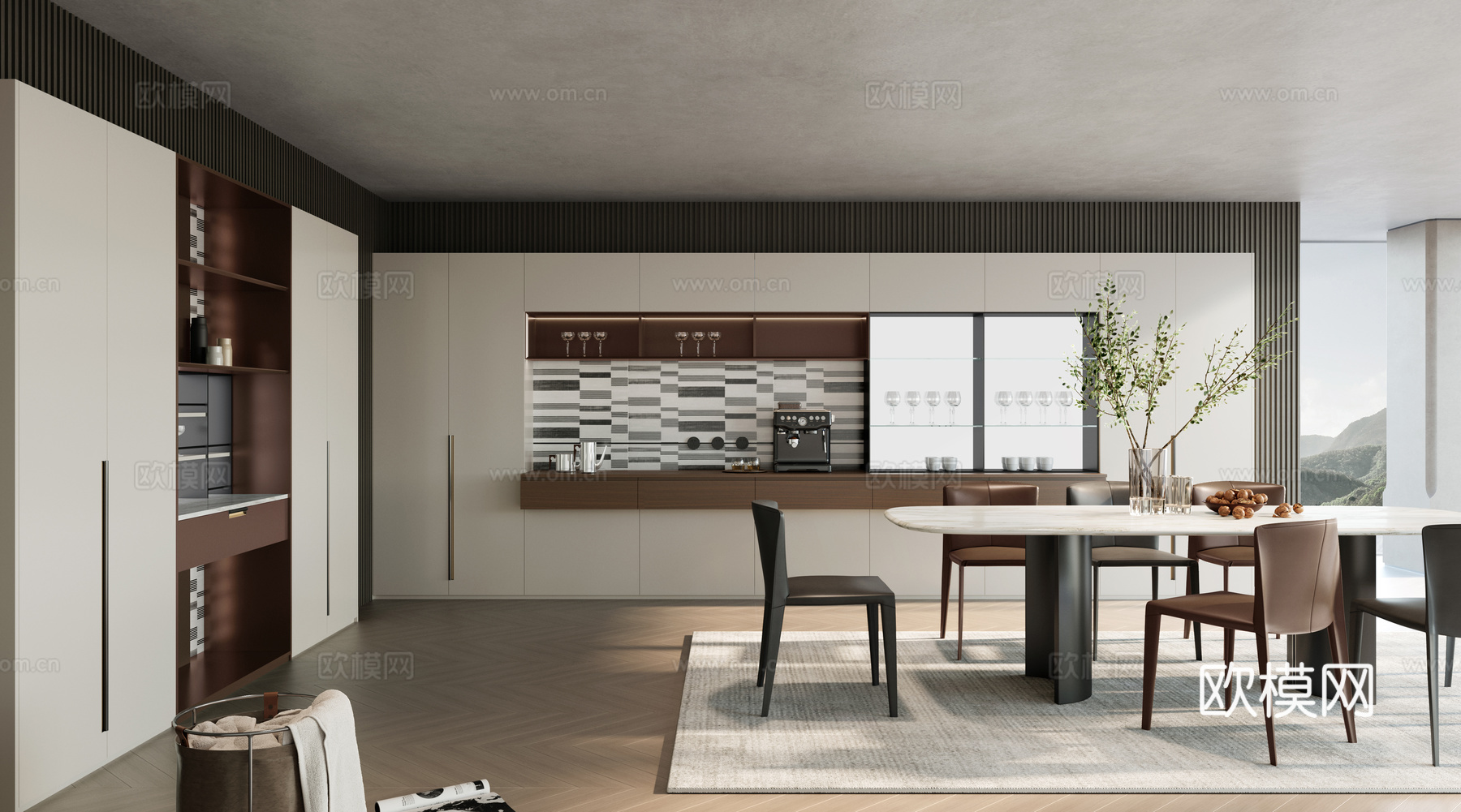餐厅 餐椅 绿植 咖啡机 餐桌 玻璃杯 餐边柜3d模型