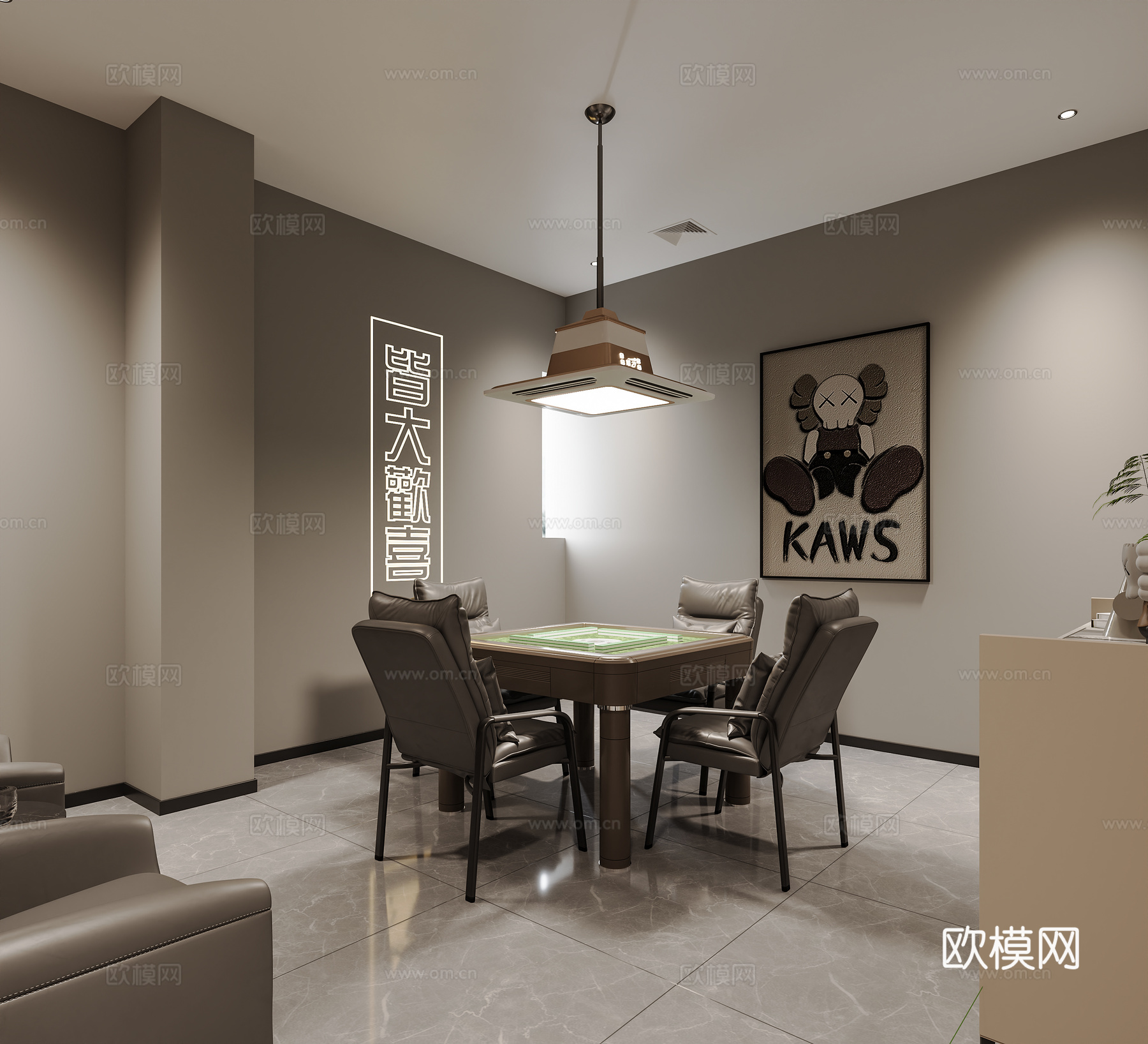 现代棋牌室 麻将馆 棋牌桌 麻将桌 休闲沙发 棋牌室吊灯3d模型
