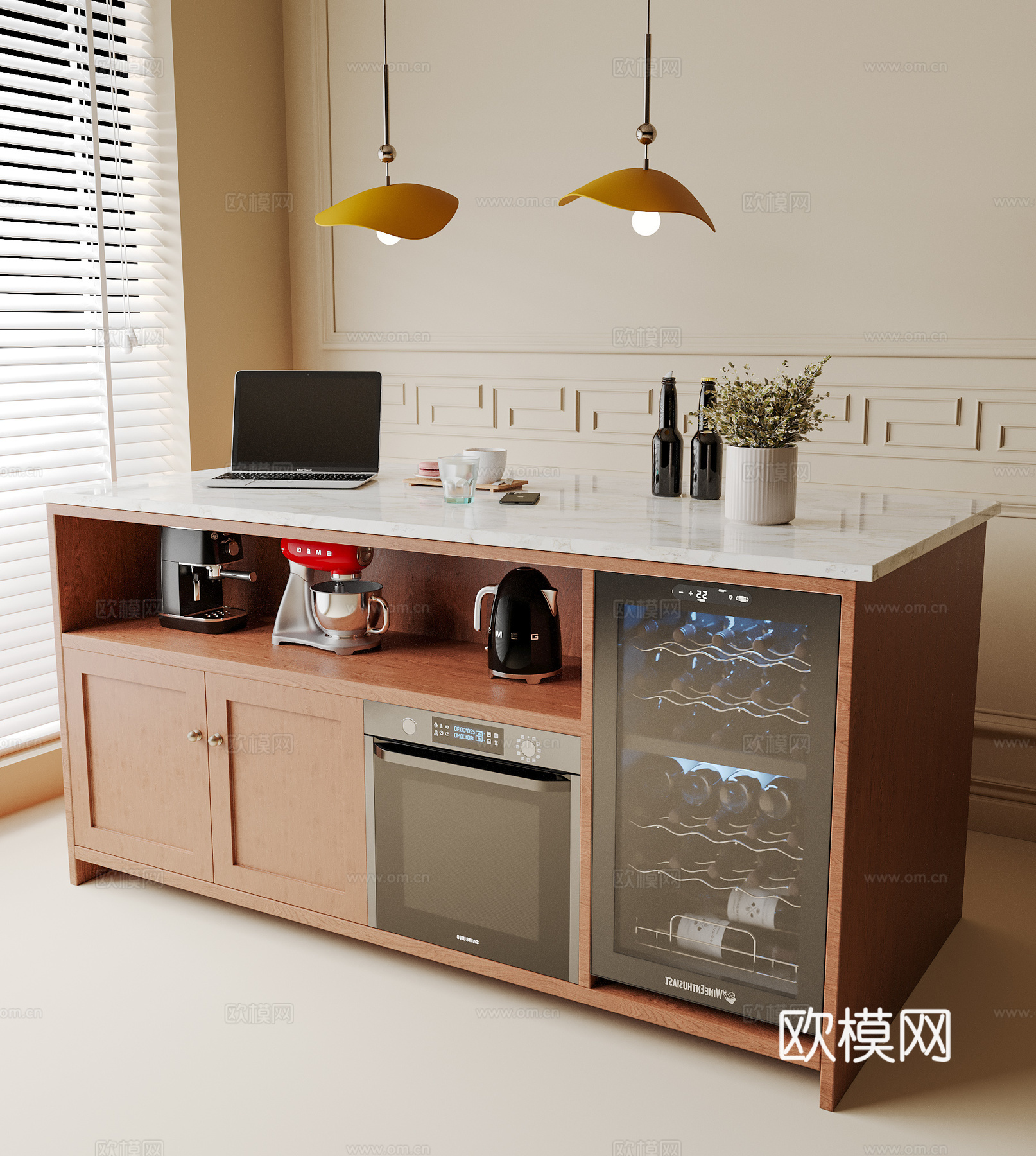 现代中古风橱柜 岛台 吊灯 花艺 电脑 摆件3d模型下载