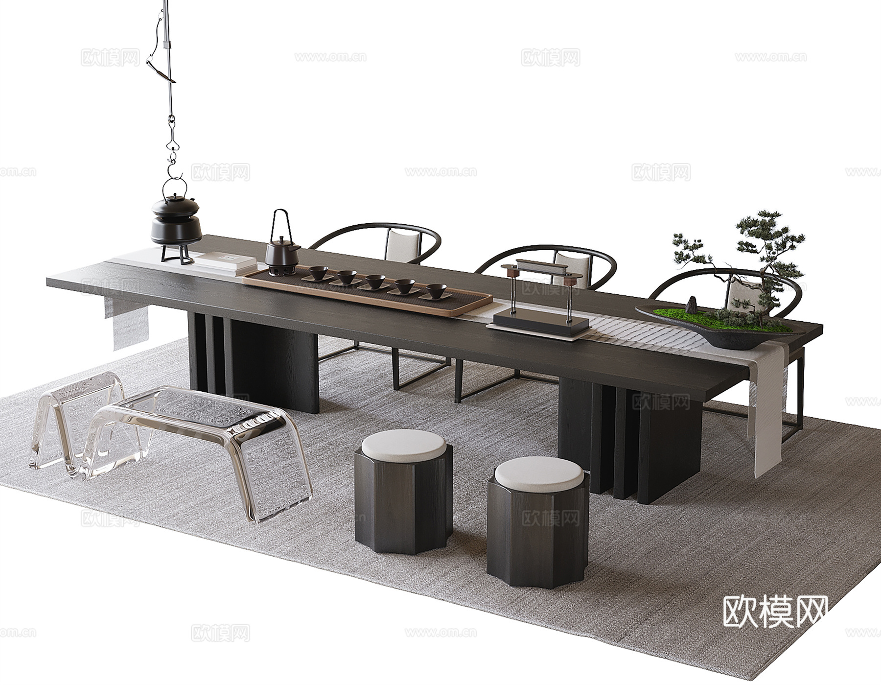 现代茶桌椅组合su模型下载（渲染图1）
