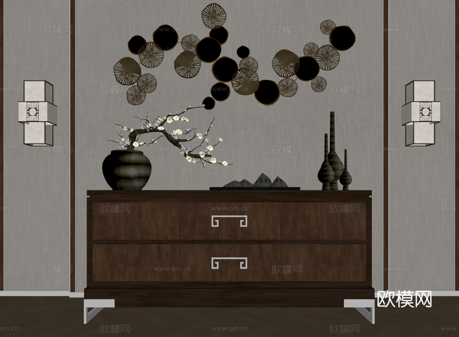 新中式玄关柜 边柜 装饰柜su模型
