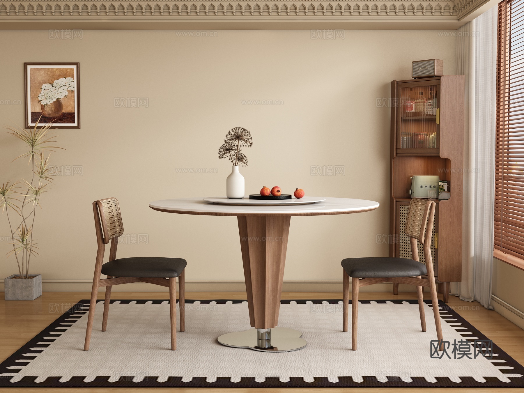 中古风餐厅 圆餐桌椅3d模型