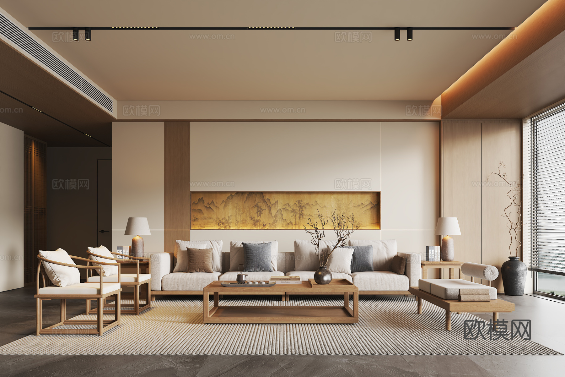 新中式宋氏风客厅 实木沙发茶几组合 实木单椅 沙发边几 台灯su模型