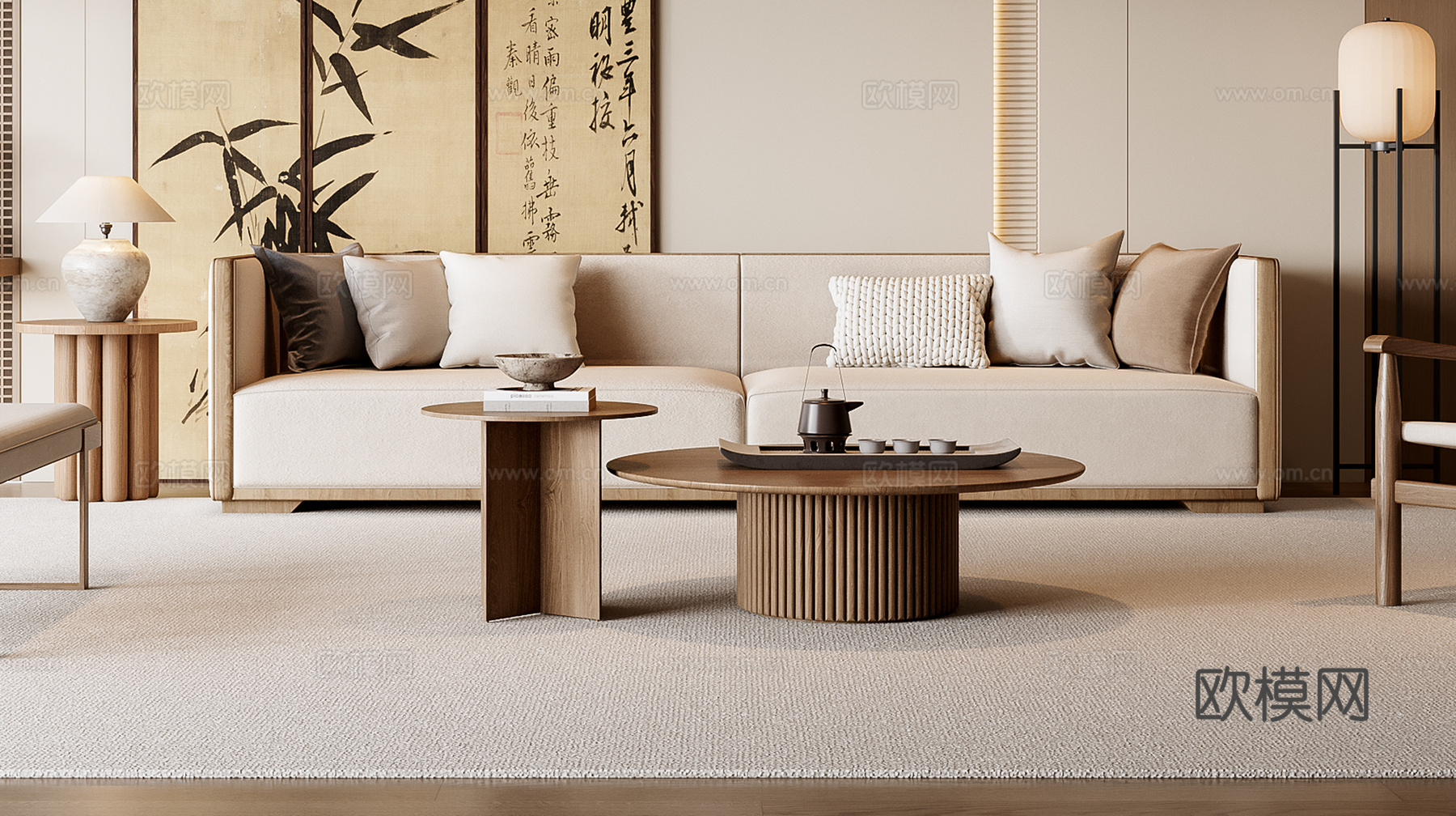 新中式沙发茶几组合3d模型下载