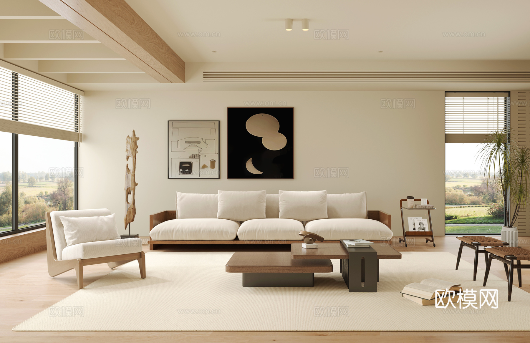 现代家居客厅 沙发组合 茶几 休闲沙发 装饰画 地毯3d模型