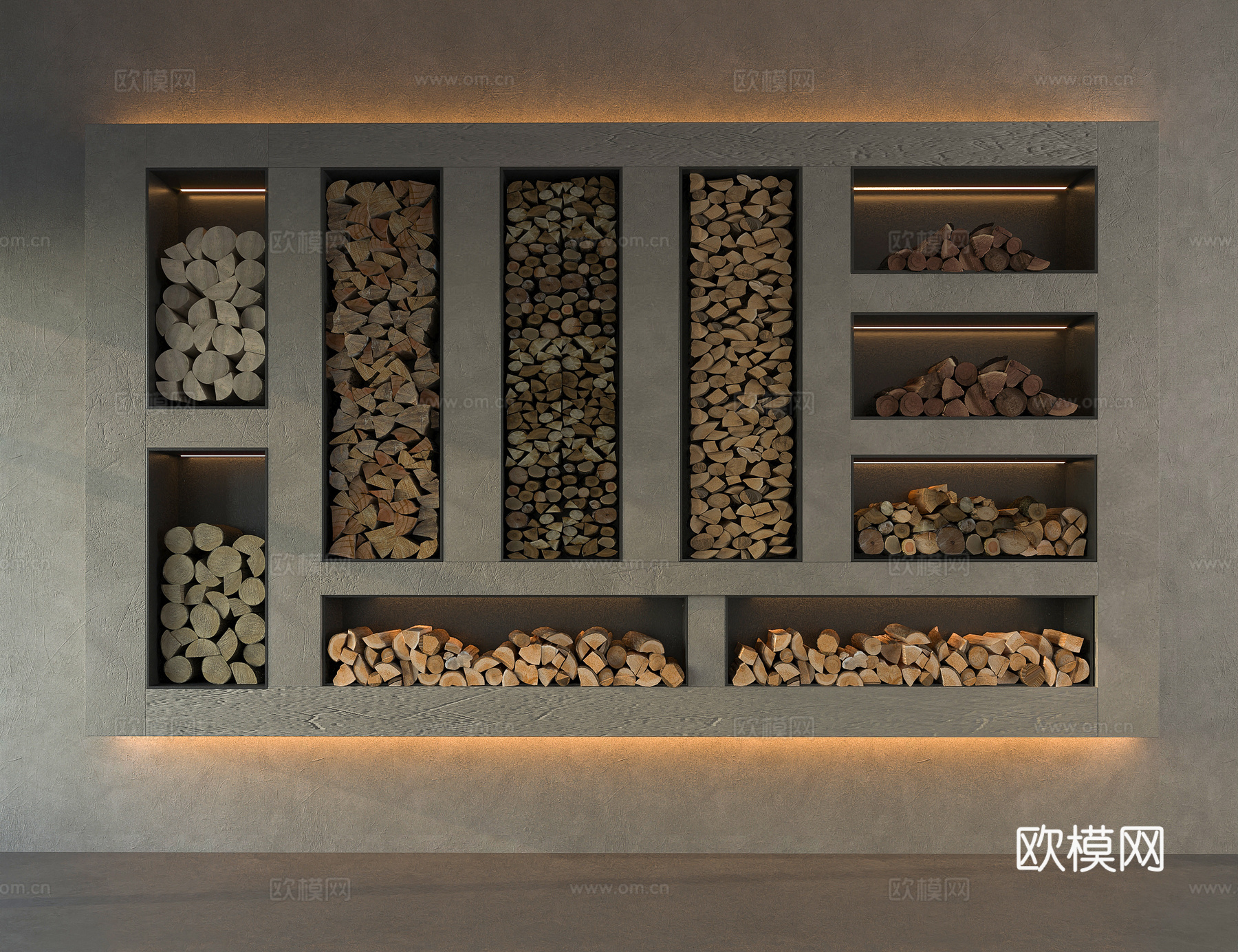 现代壁炉柴火堆 嵌入式柴火 木头木材堆su模型下载（渲染图1）