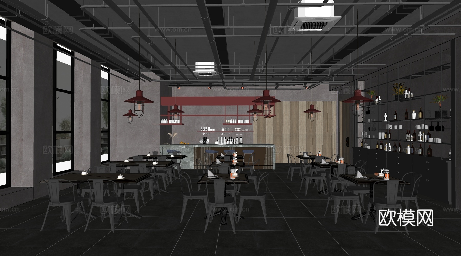 工业风时尚咖啡吧时尚餐厅酒吧清吧su模型su模型