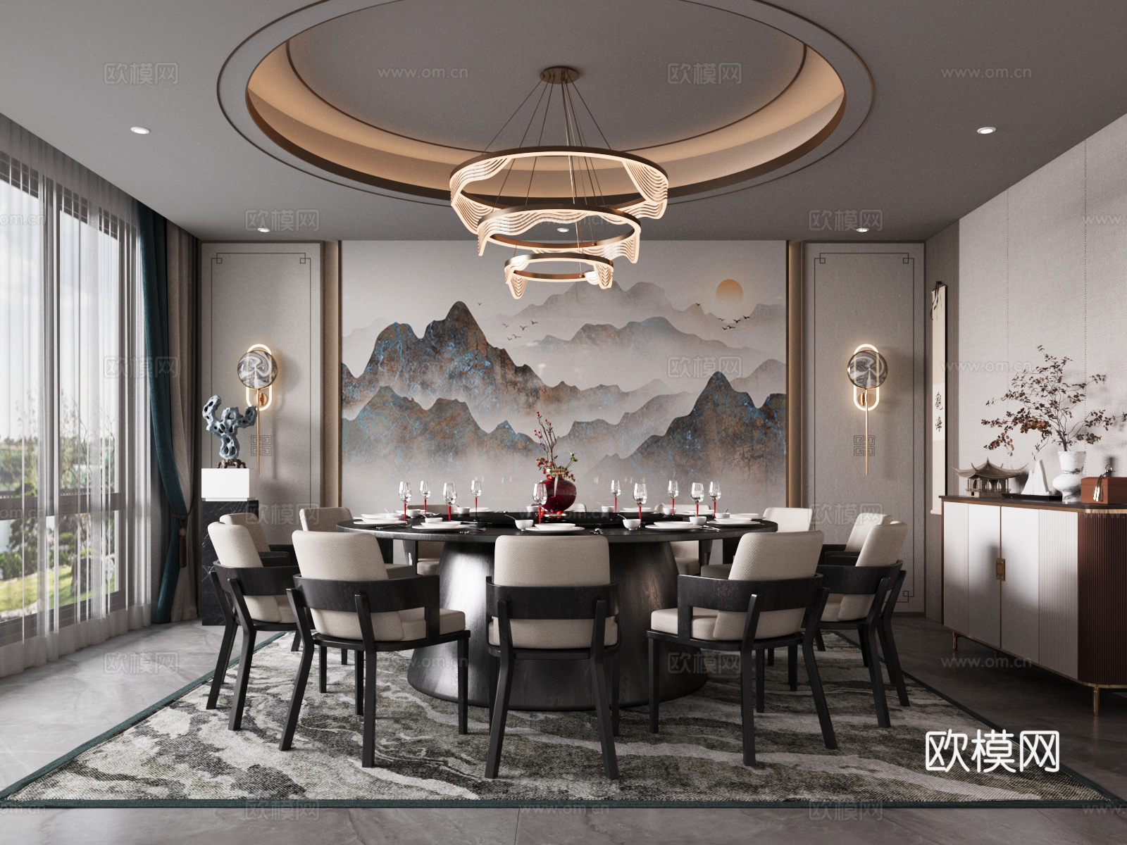 新中式餐厅包房 包厢 餐桌椅组合su模型