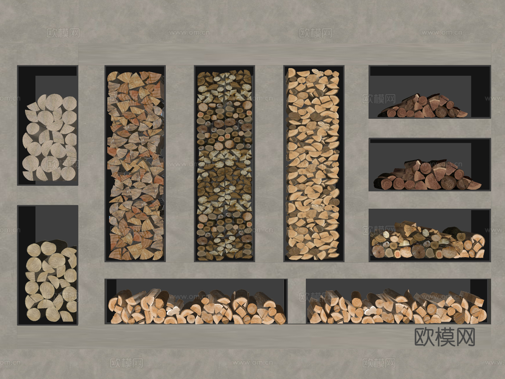 现代壁炉柴火堆 嵌入式柴火 木头木材堆su模型下载（渲染图2）