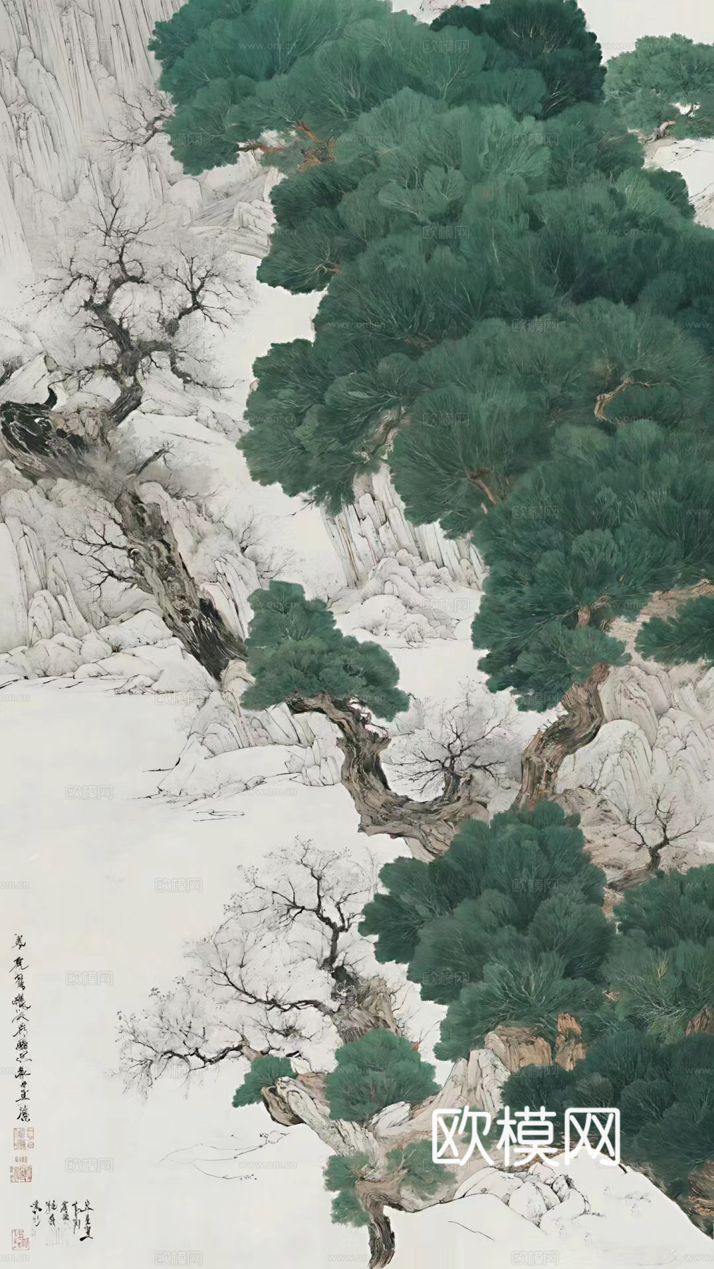中式松绿色装饰画贴图