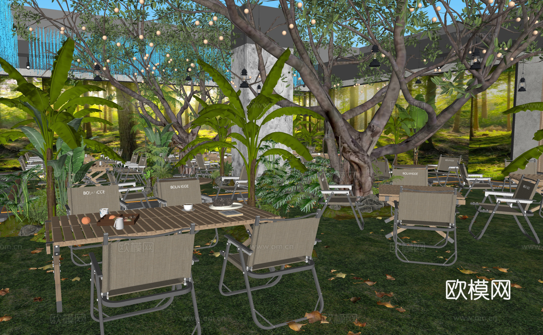 现代自然露营风酒吧 商业外摆 餐桌椅组合 景观小品 绿植su模型