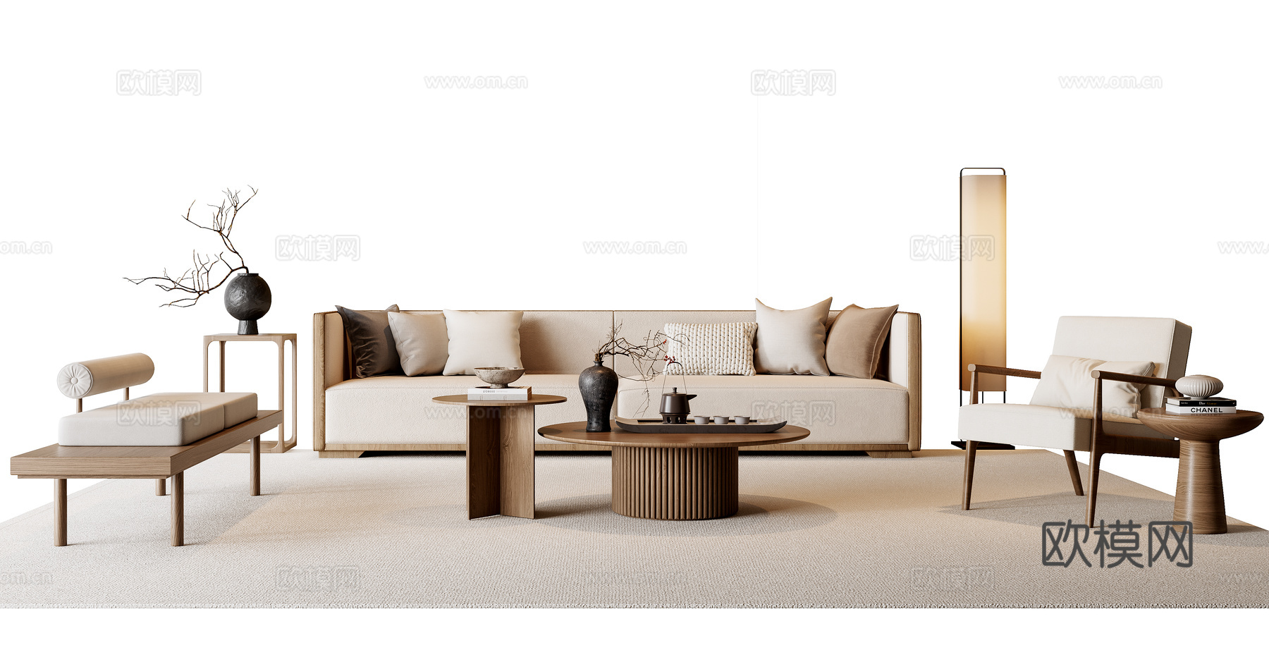 新中式沙发茶几组合3d模型下载