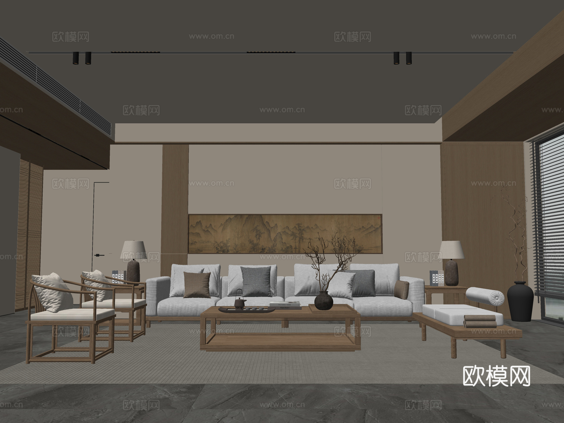 新中式宋氏风客厅 实木沙发茶几组合 实木单椅 沙发边几 台灯su模型