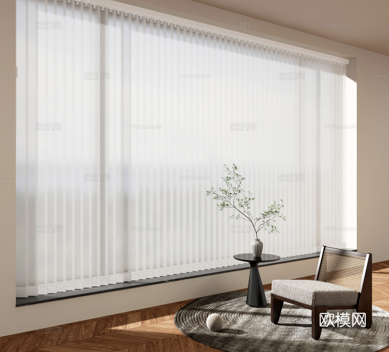 梦幻帘百叶帘落地窗休闲沙发地毯su模型下载（渲染图1）