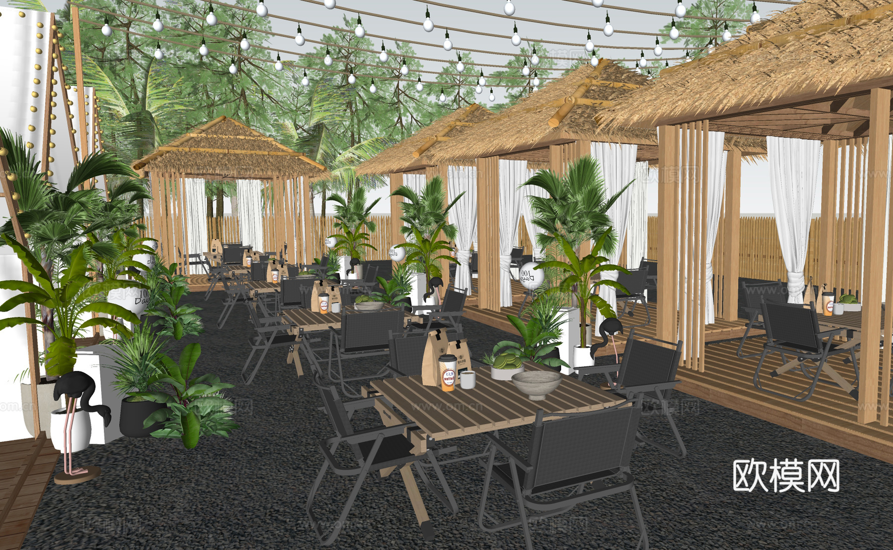 现代户外咖啡厅 露营景观餐厅 户外桌椅 植物盆栽景观   露su模型