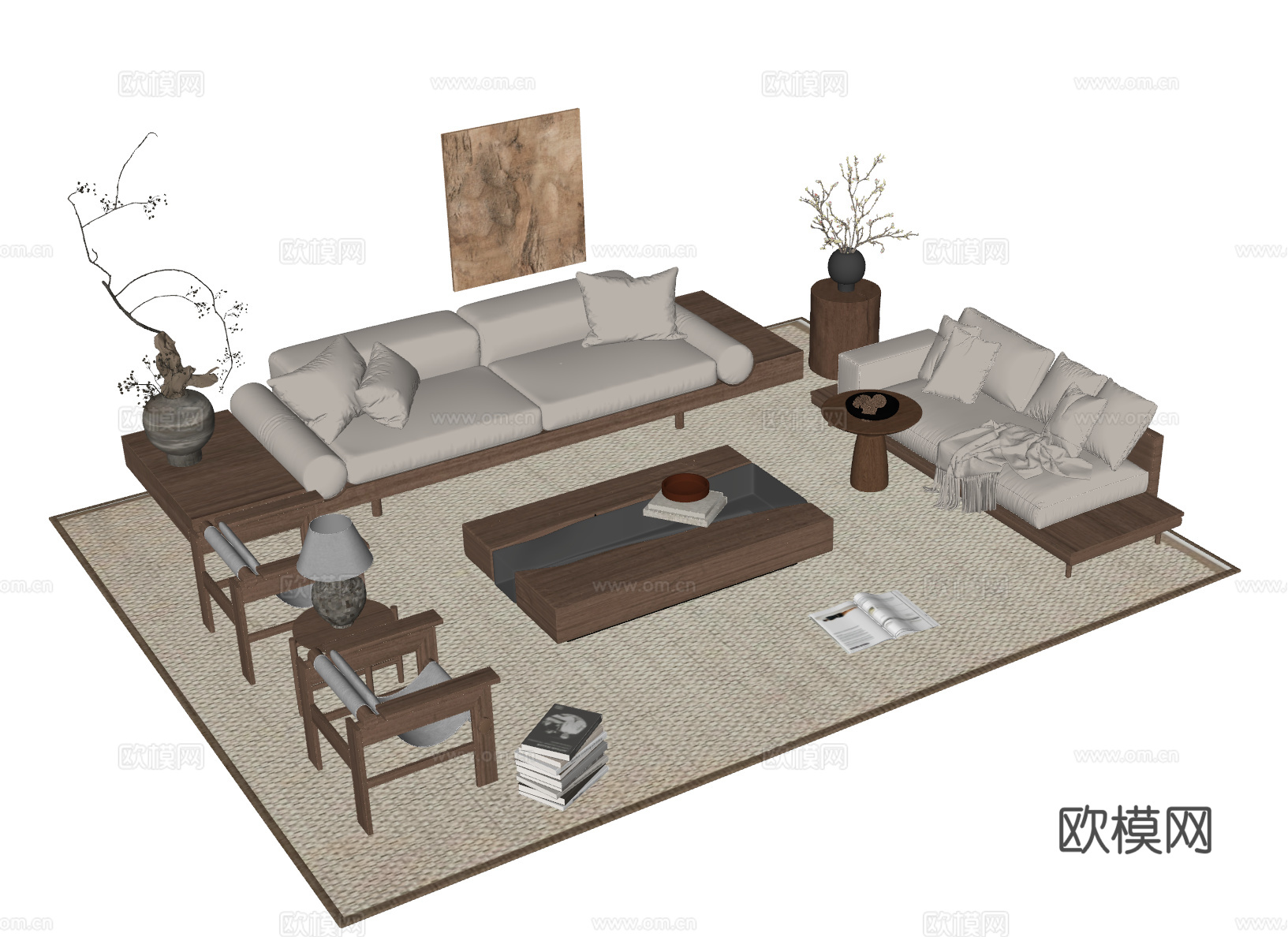 侘寂中古风沙发茶几组合 饰品摆件 现代沙发组合 中古风装饰画su模型