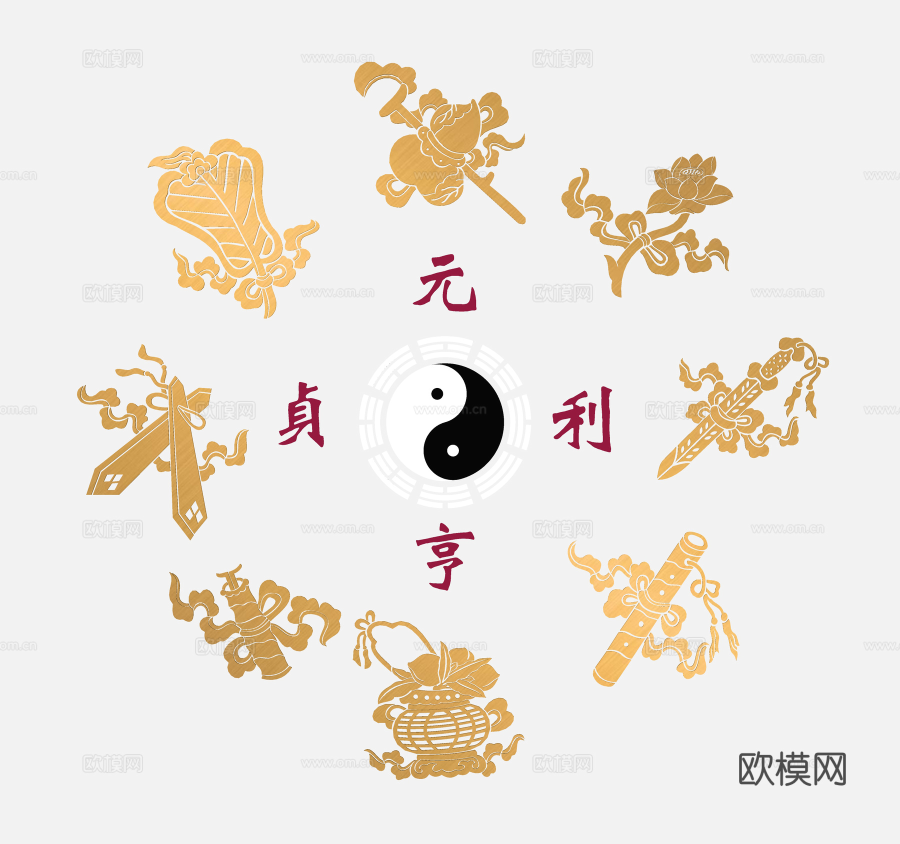 中式伏羲八卦剪影 阴阳五行 道教罗盘 墙饰图标 周易易经卜卦su模型