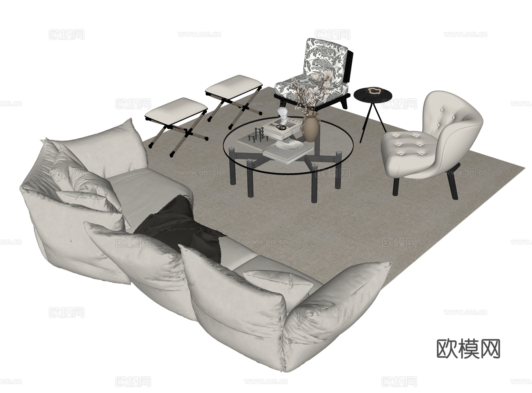 法式沙发茶几组合 圆形茶几 花瓣沙发 单人沙发su模型