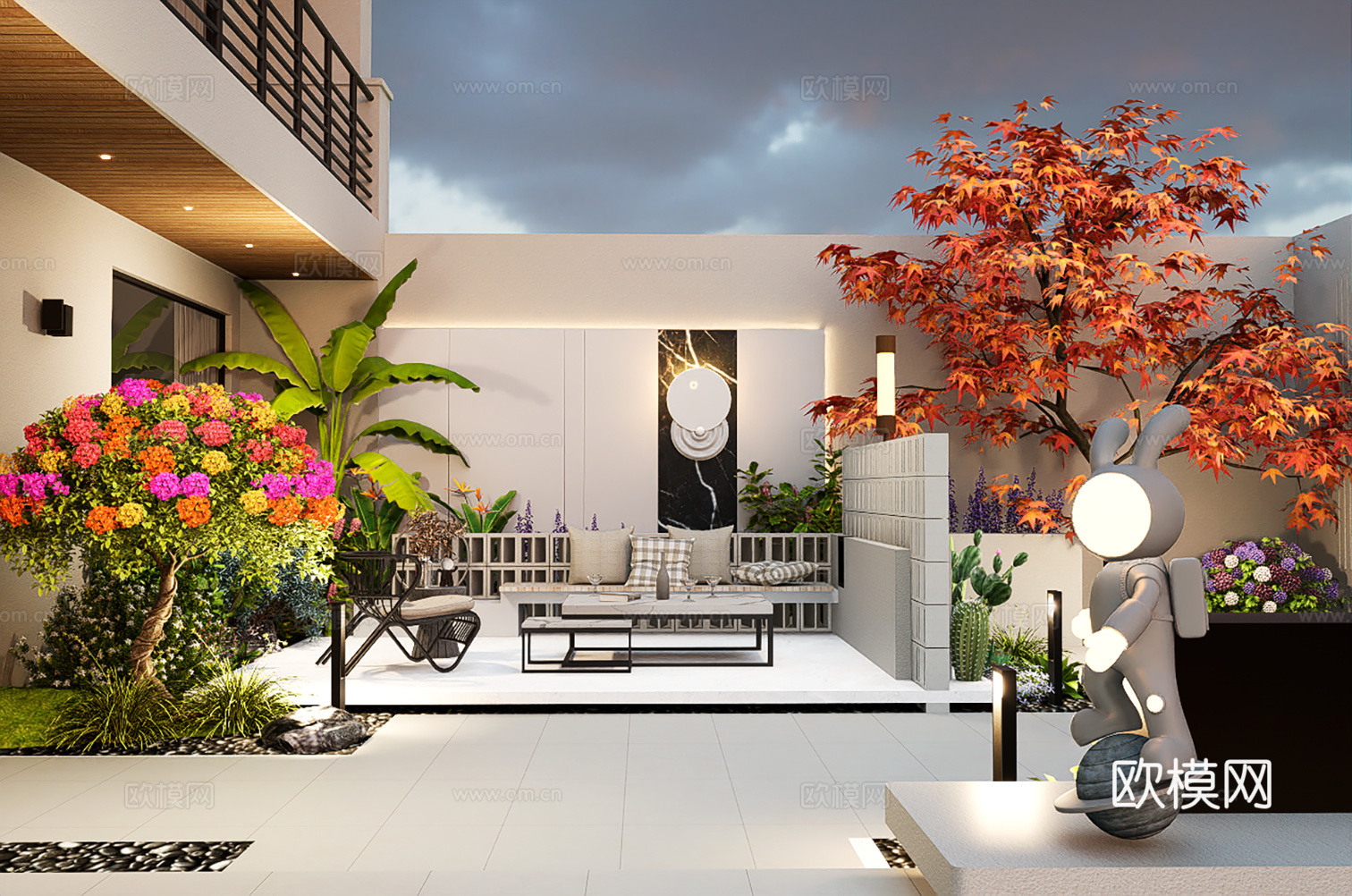 现代别墅庭院花园景观 户外沙发 景墙围墙 植物花镜su模型