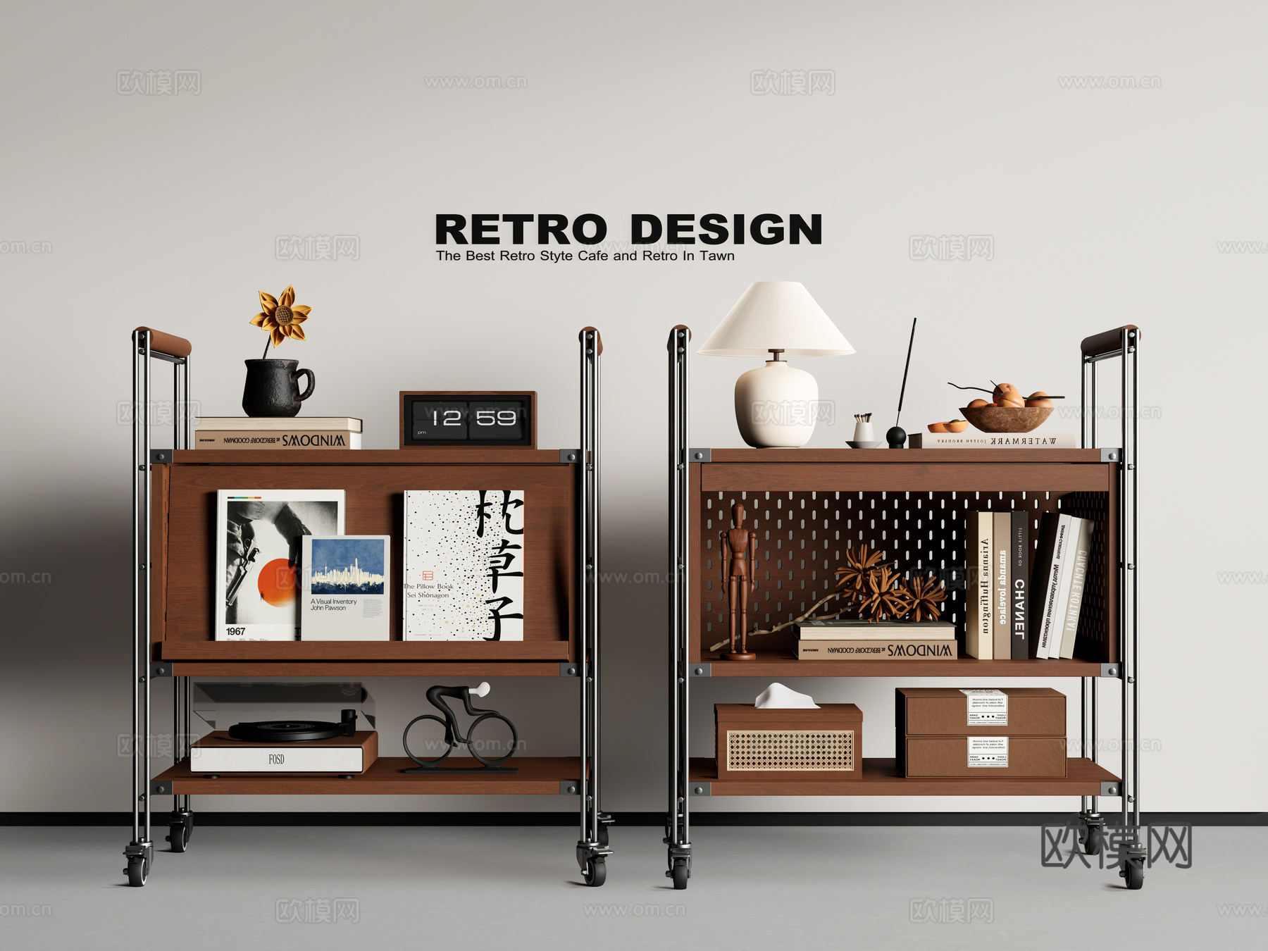 中古侘寂边几 中古风边几角几 小推车 置物架 边柜su模型