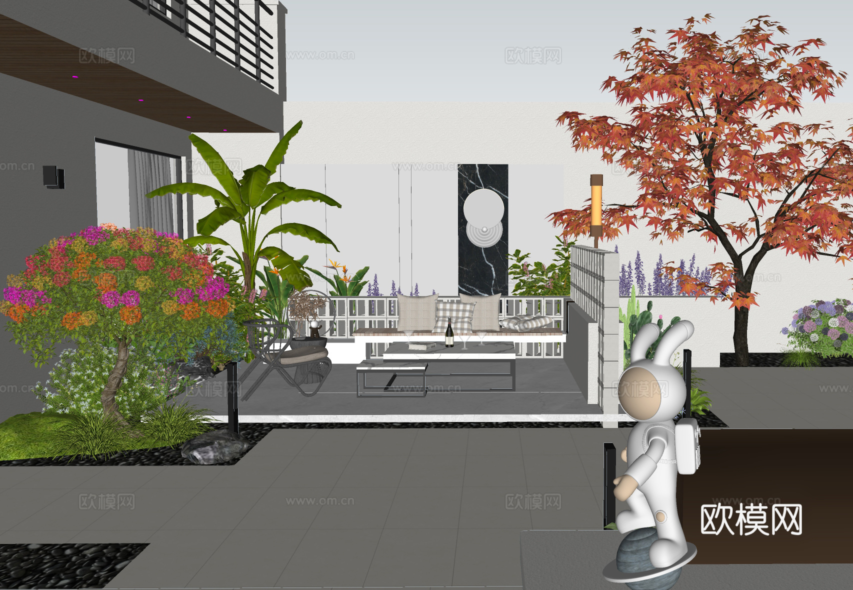 现代别墅庭院花园景观 户外沙发 景墙围墙 植物花镜su模型