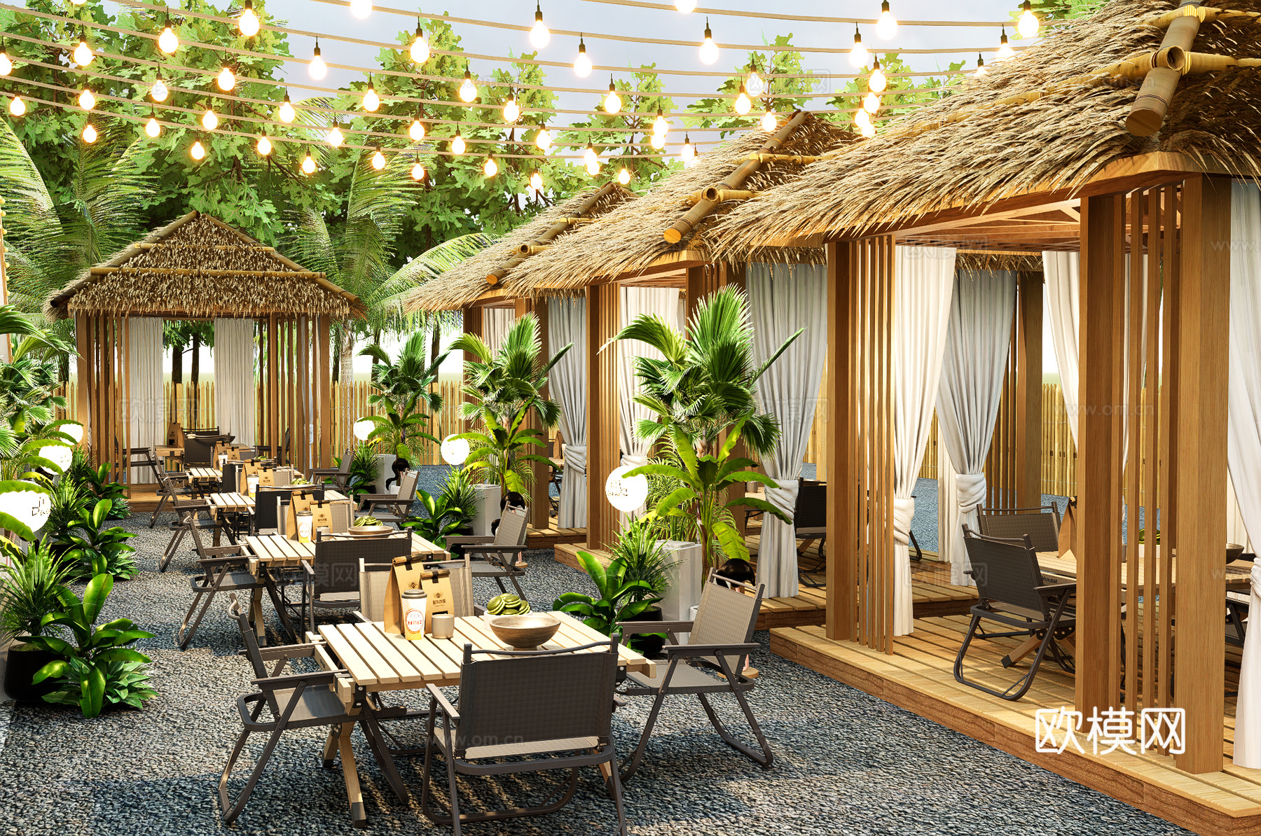 现代户外咖啡厅 露营景观餐厅 户外桌椅 植物盆栽景观   露su模型