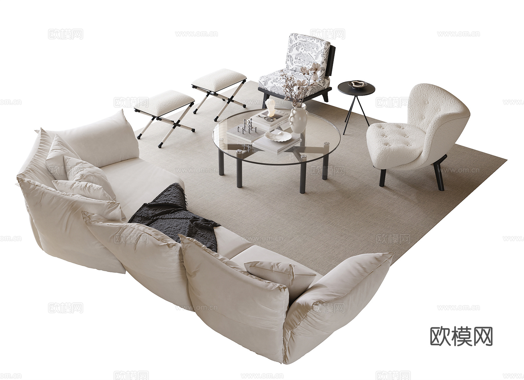 法式沙发茶几组合 圆形茶几 花瓣沙发 单人沙发su模型