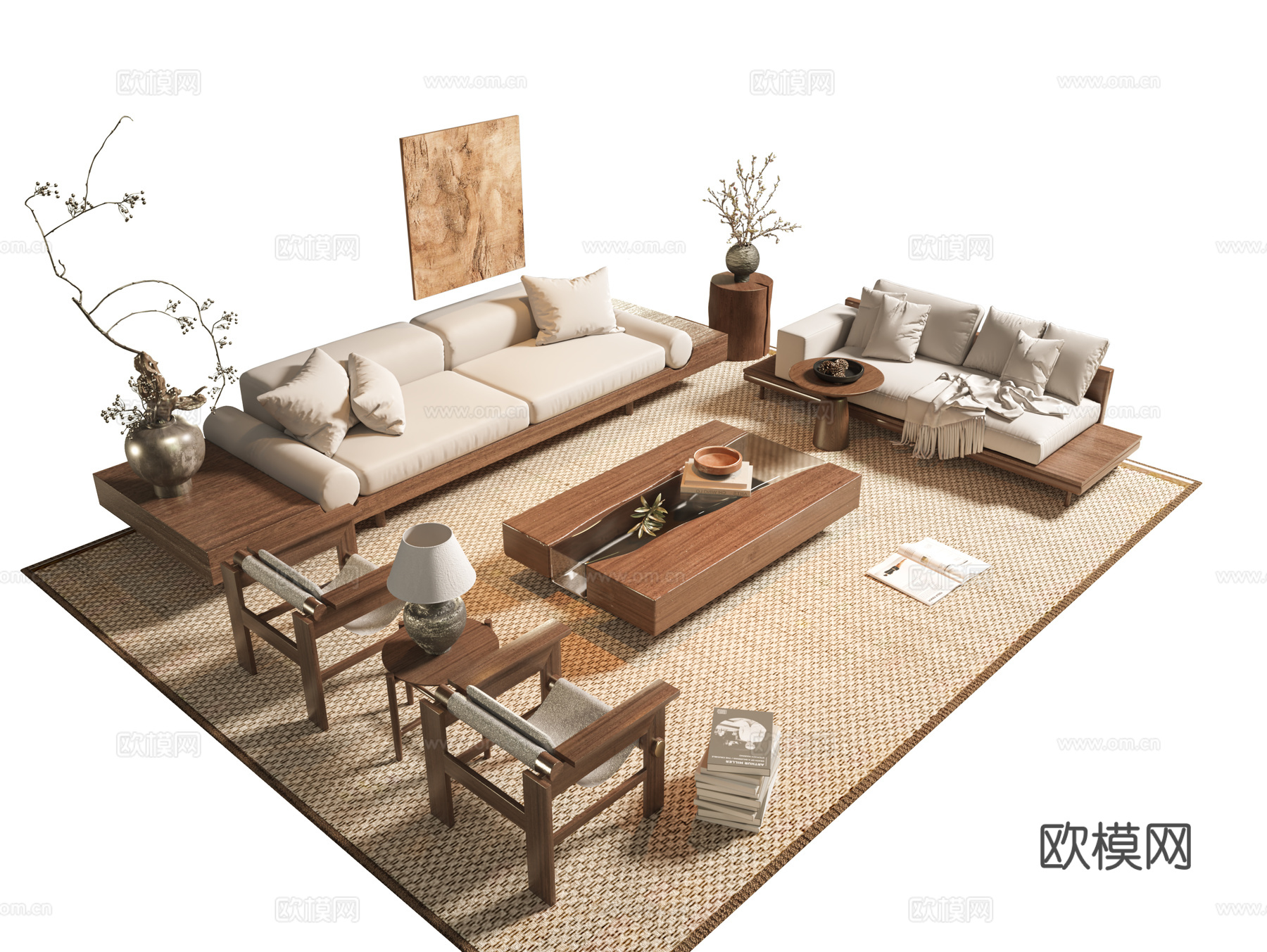 侘寂中古风沙发茶几组合 饰品摆件 现代沙发组合 中古风装饰画su模型