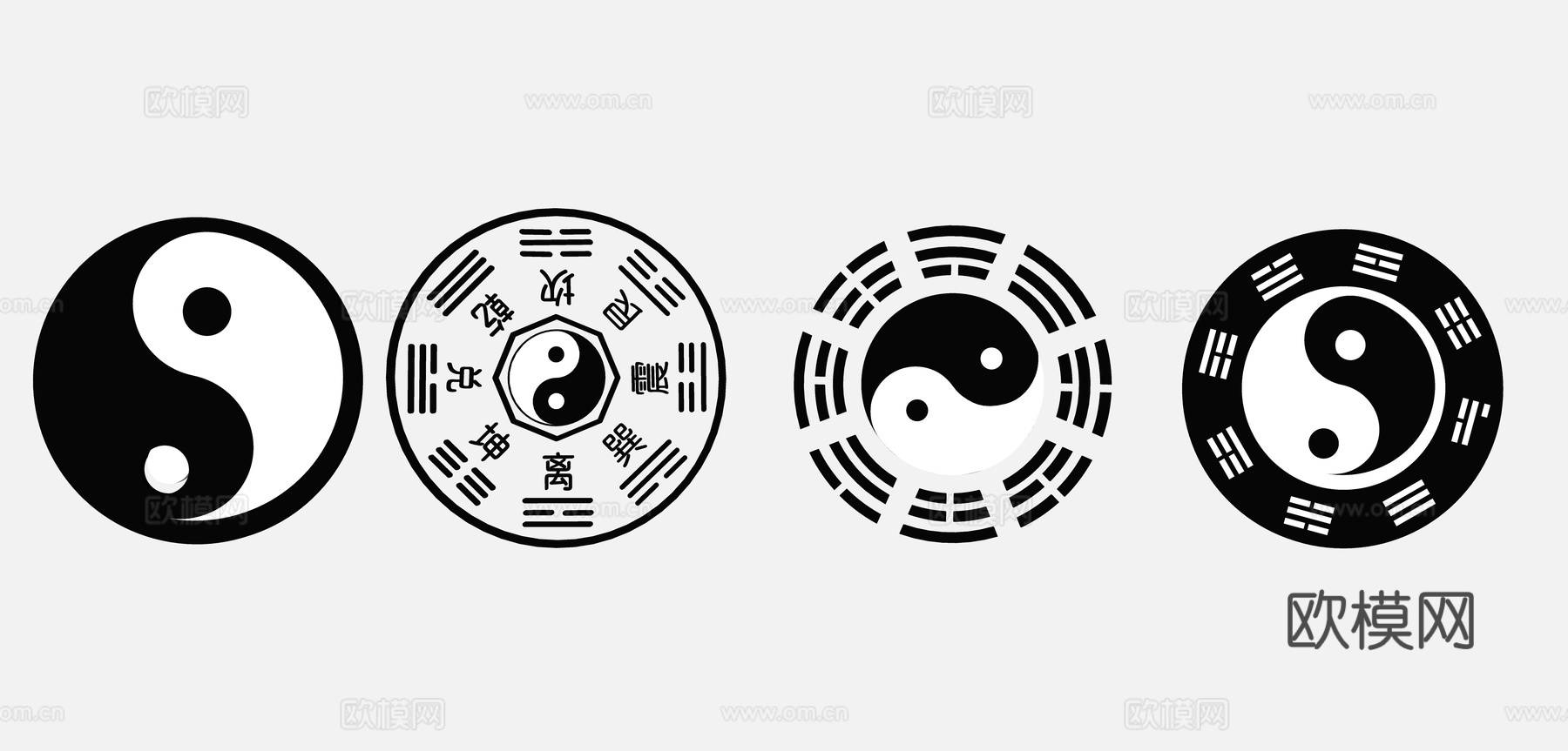 中式伏羲八卦剪影 阴阳五行 道教罗盘 墙饰图标 周易易经卜卦su模型