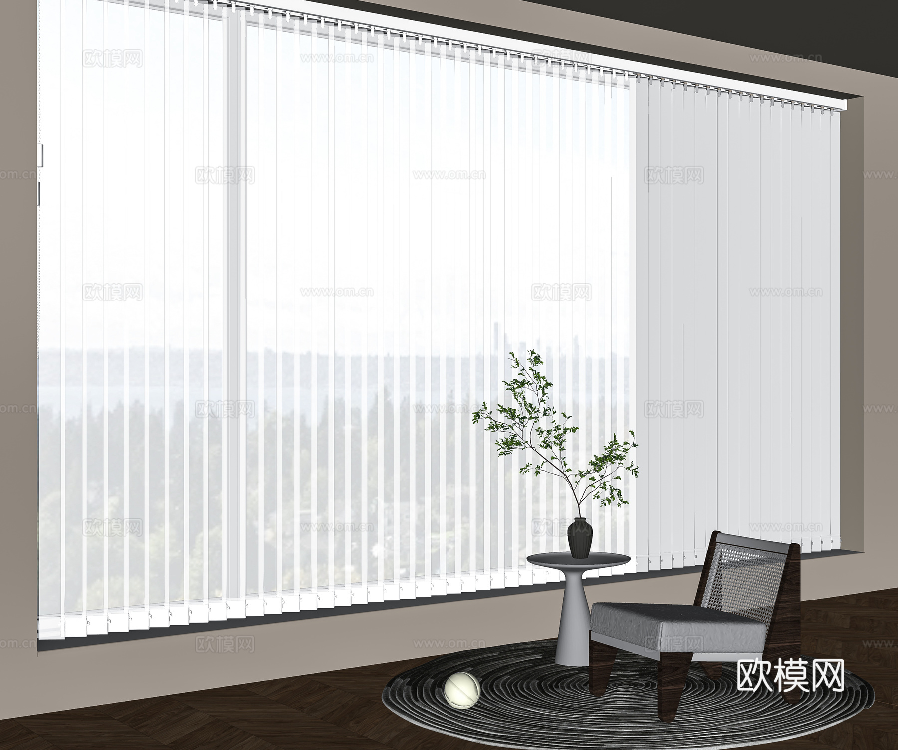 梦幻帘百叶帘落地窗休闲沙发地毯su模型下载（渲染图2）