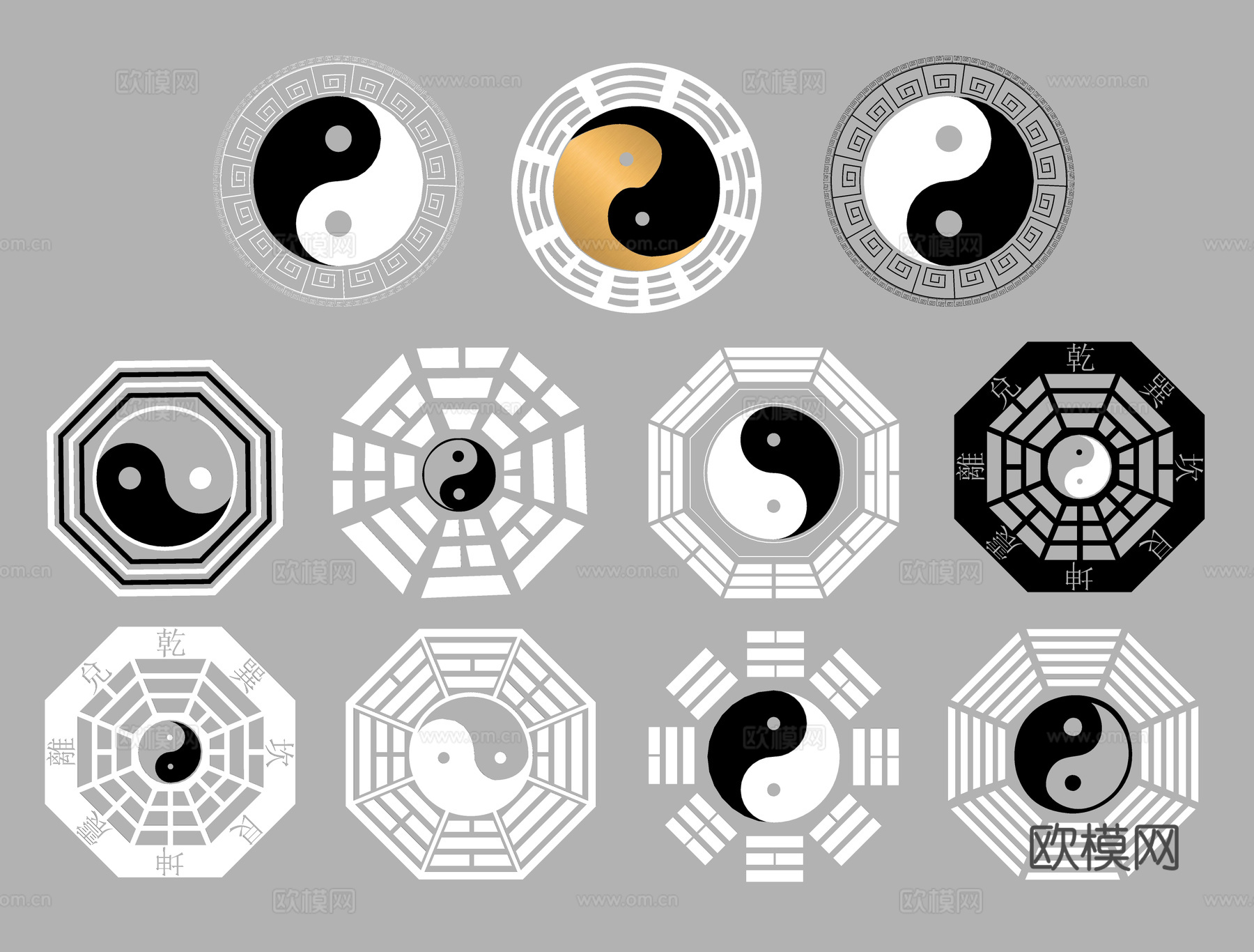中式伏羲八卦剪影 阴阳五行 墙饰图标 周易易经卜卦su模型