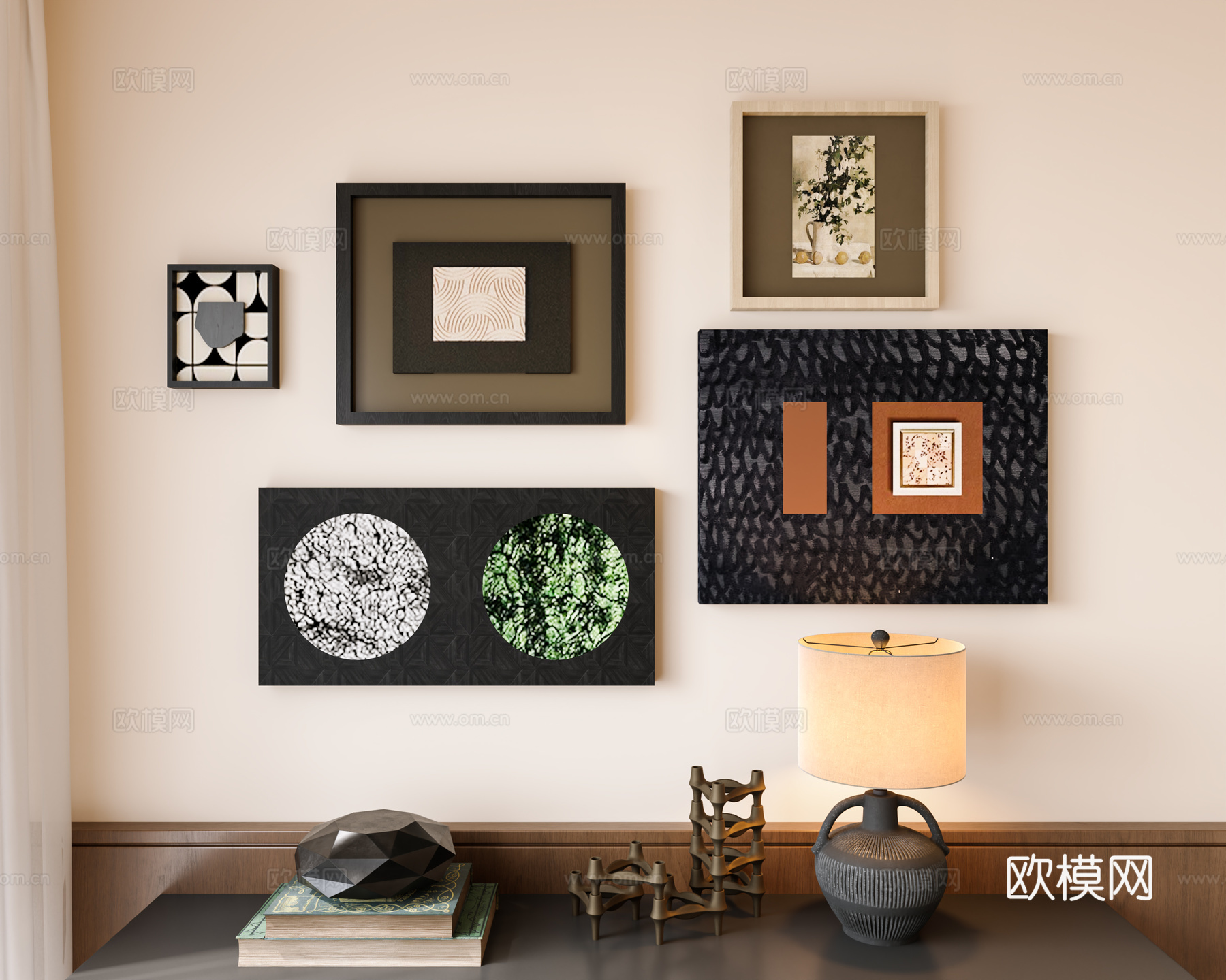 现代中古风装饰画 挂画 组合装饰画 中古风台灯 复古装饰画3d模型