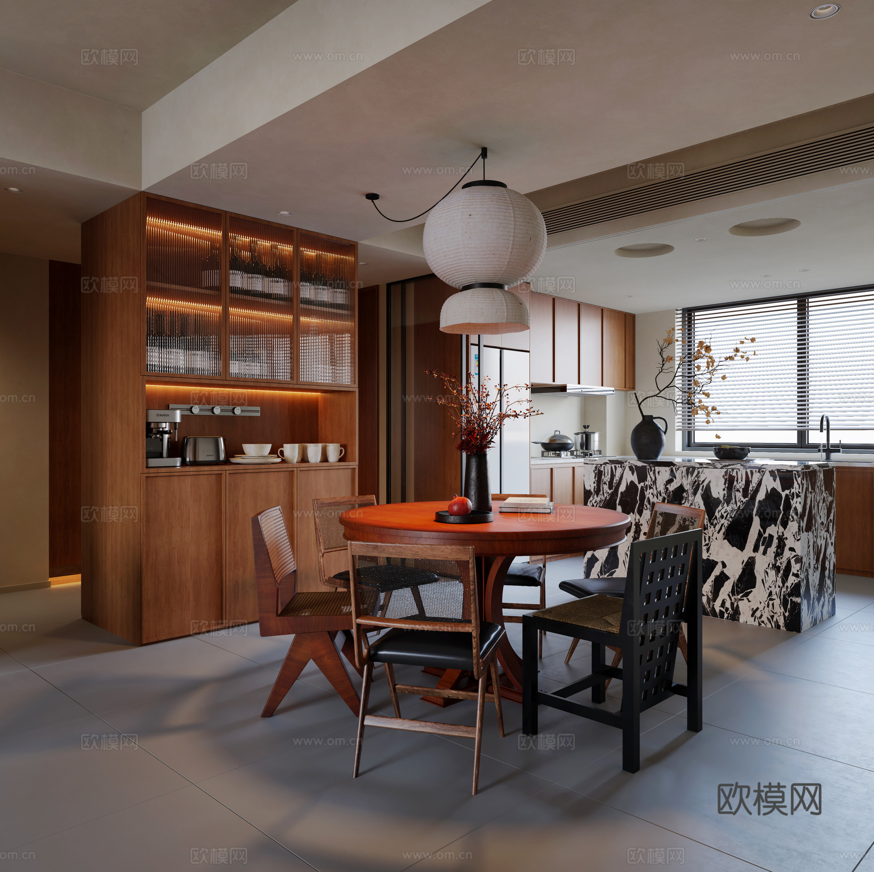 中古风餐厅 圆形餐桌 酒柜 复古餐厅 新中式餐厅 中古风厨房3d模型