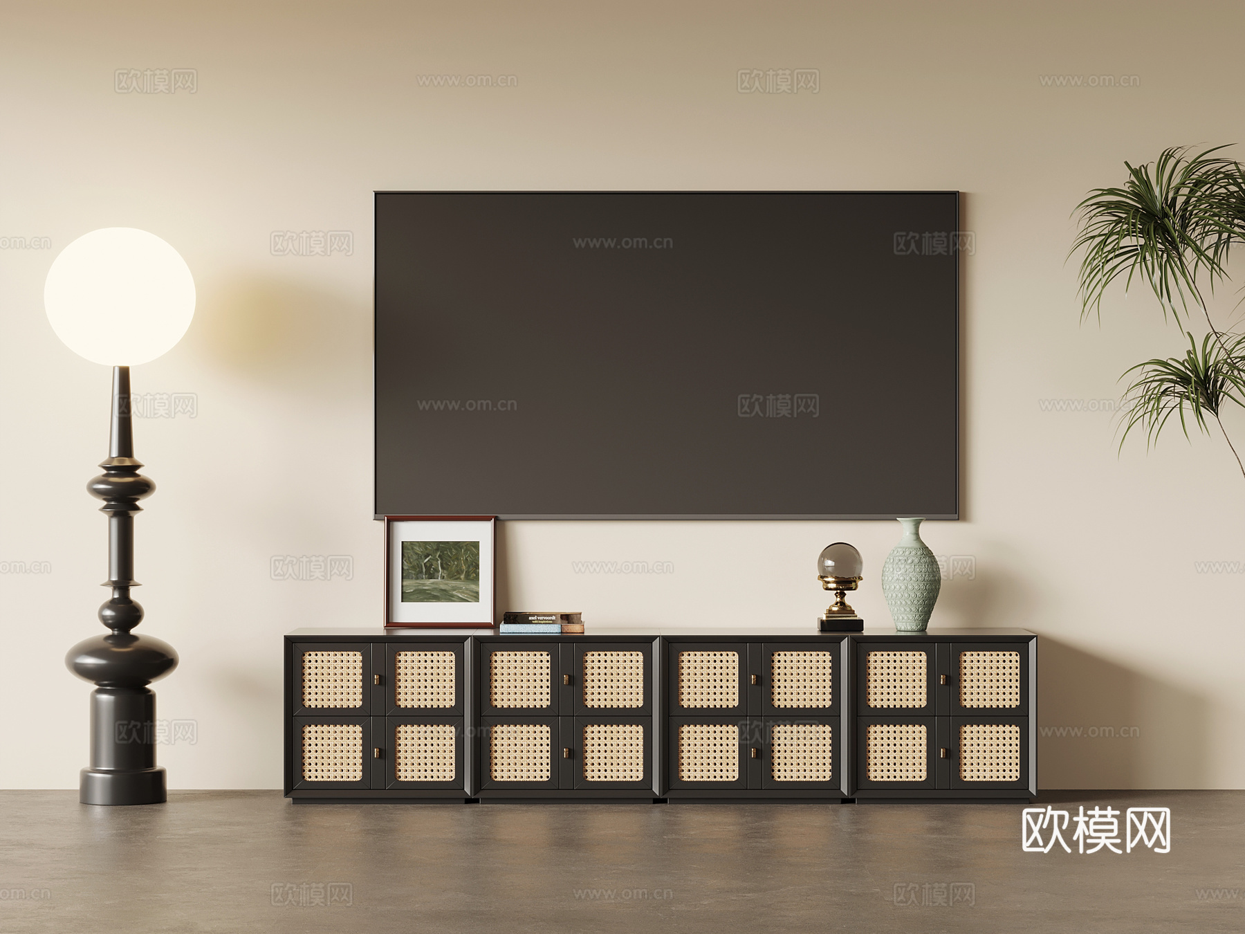法式复古风电视柜 电视 饰品摆件 落地灯3d模型下载