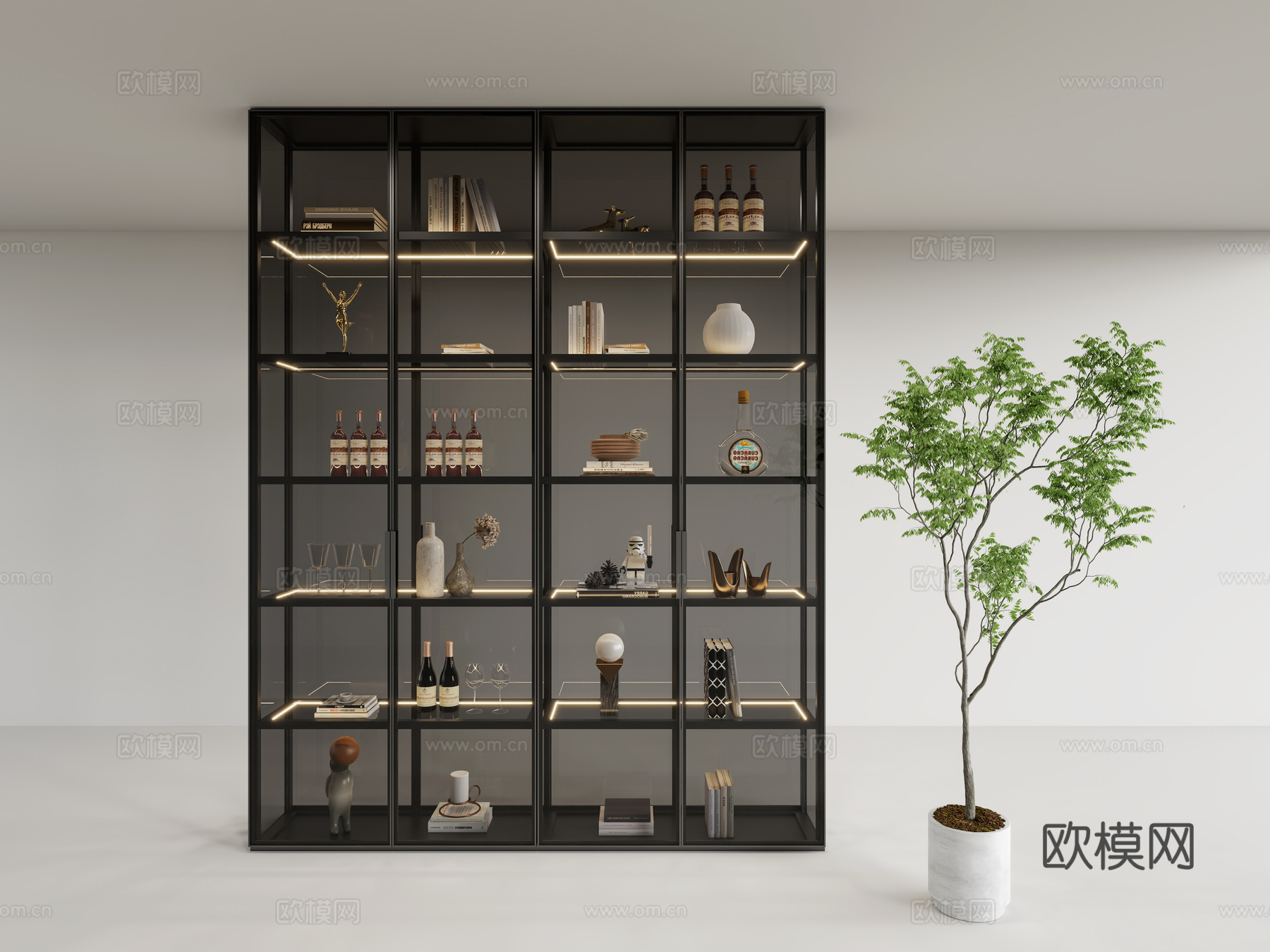 现代意式玻璃柜 玻璃酒柜 玻璃书柜 玻璃装饰柜 玻璃玄关柜su模型下载（渲染图1）