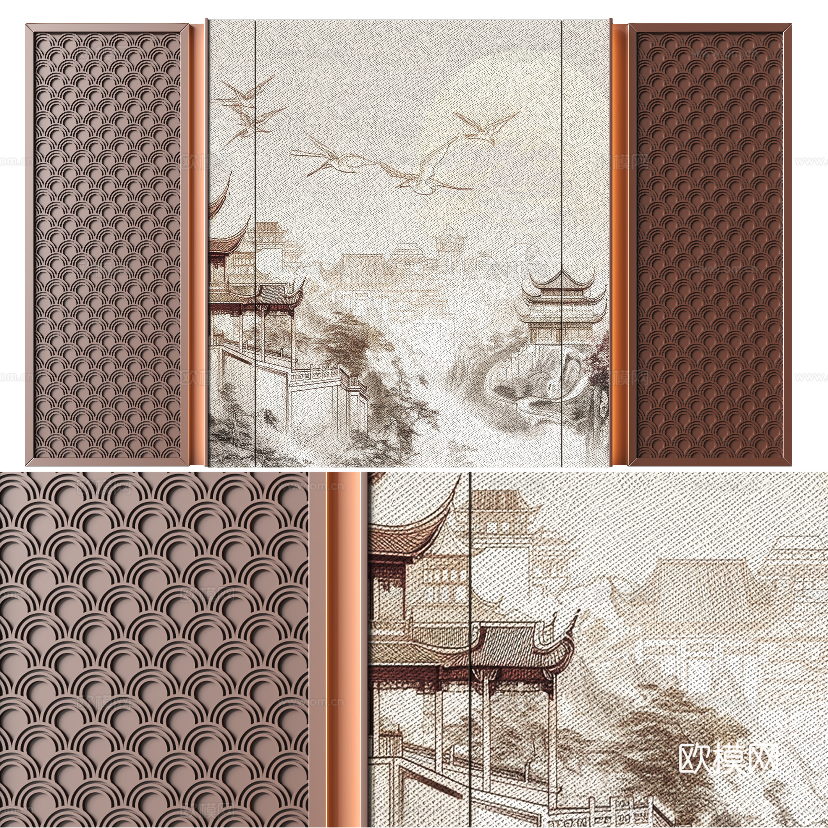 中式背景墙su模型下载（渲染图1）