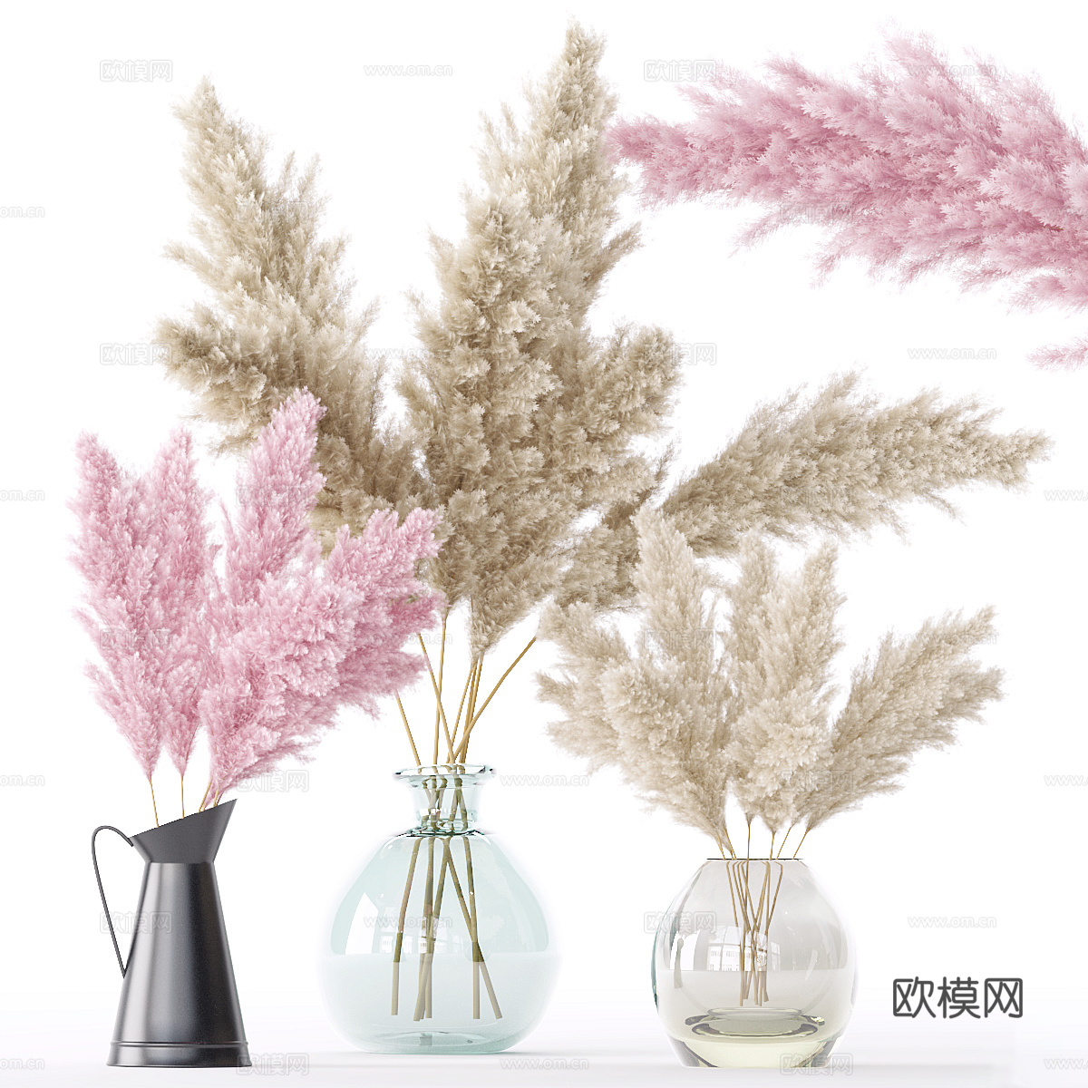 现代花瓶花艺 干枝 狗尾巴草3d模型